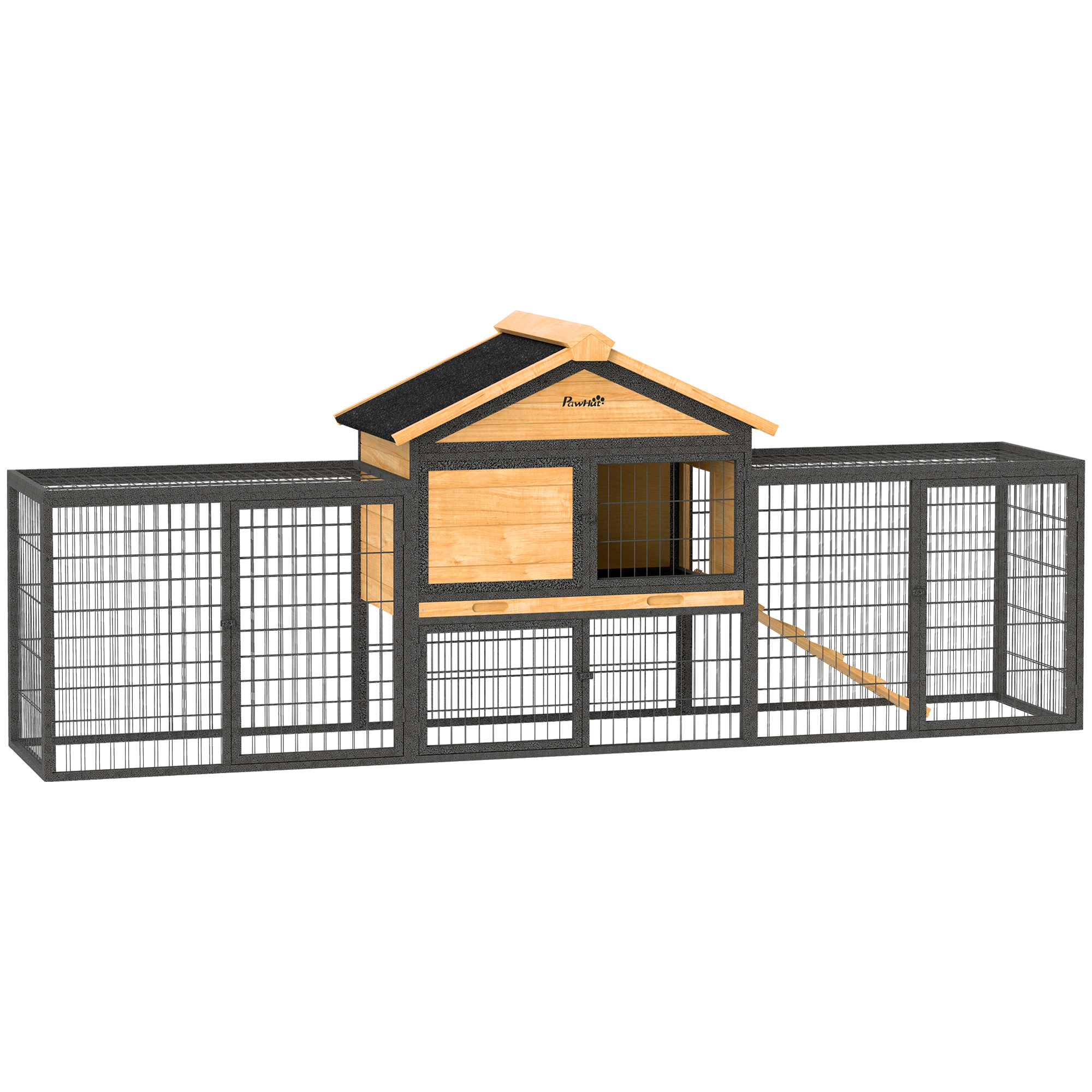 PAWSTER Wooden Rabbit Hutch Outdoor with Steel Run, Wooden Guinea Pig Cage with Removable Plastic Tray, Asphalt Roof, Ramp - Life Essentials