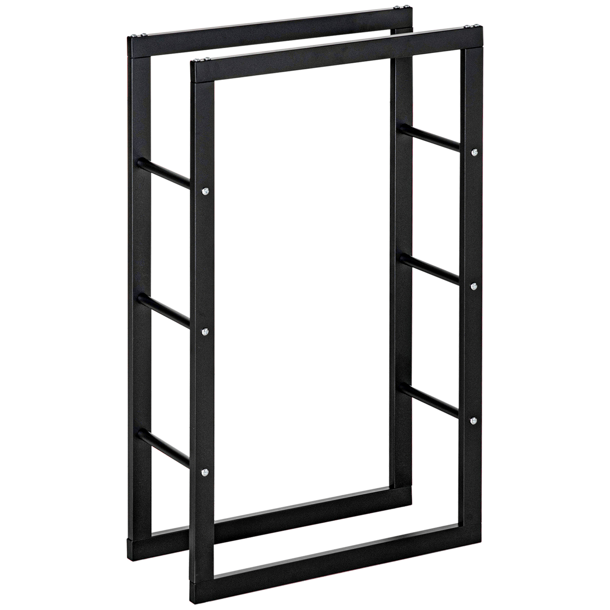 Outdoor Metal Firewood Log Holder Tall Indoor Rack with Shelf, Side Rails, Rust Resistant - Black - Life Essentials
