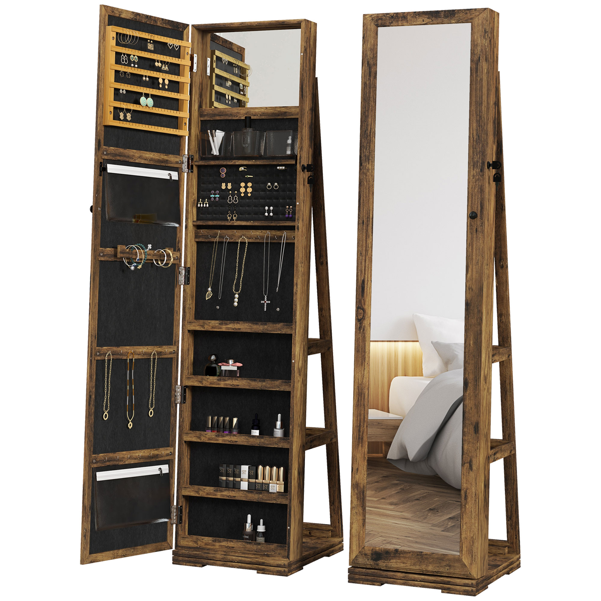 HERON 360degree Swivel Jewellery Cabinet, Mirror Armoire, Full Length Mirror, Lockable Jewellery Organiser with Built-In Small Mirror, Rustic Brown - 