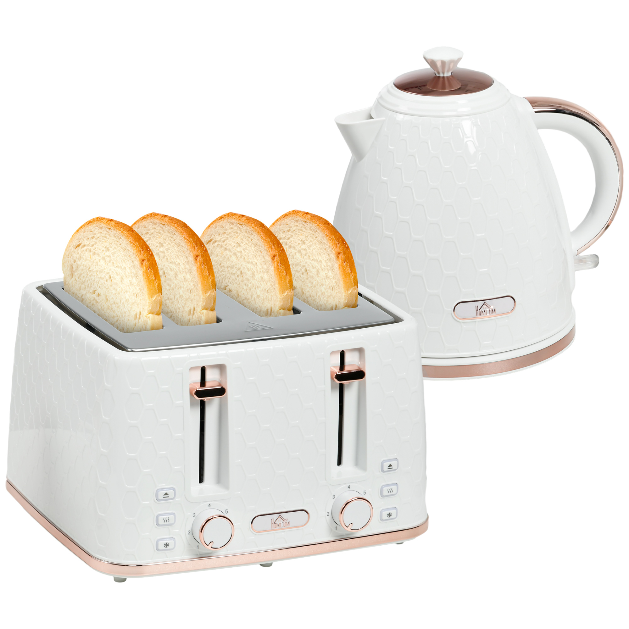 1.7L 3000W Fast Boil Kettle & 4 Slice Toaster Set, Kettle and Toaster Set with 7 Browning Controls, Crumb Tray, White - Life Essentials