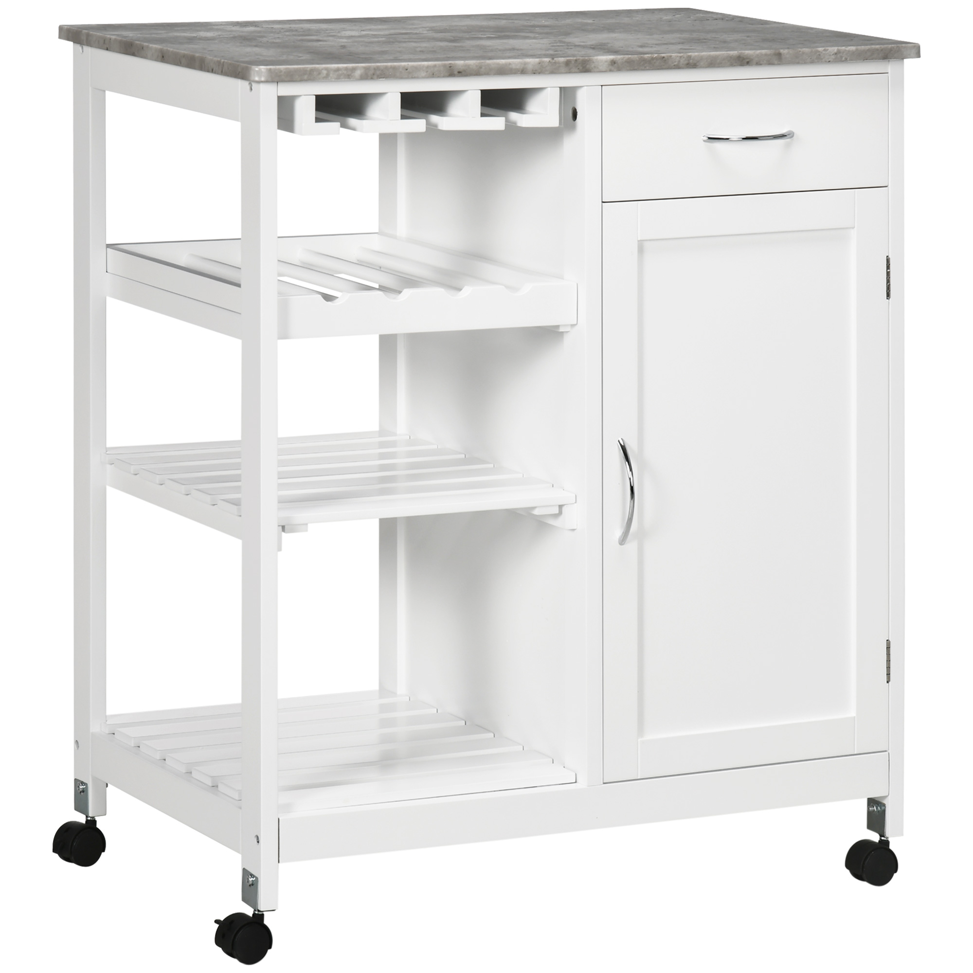 Compact Kitchen Trolley Utility Cart on Wheels with Wine Rack, Drawer, Open Shelf and Storage Cabinet for Dining Room, White - Life Essentials