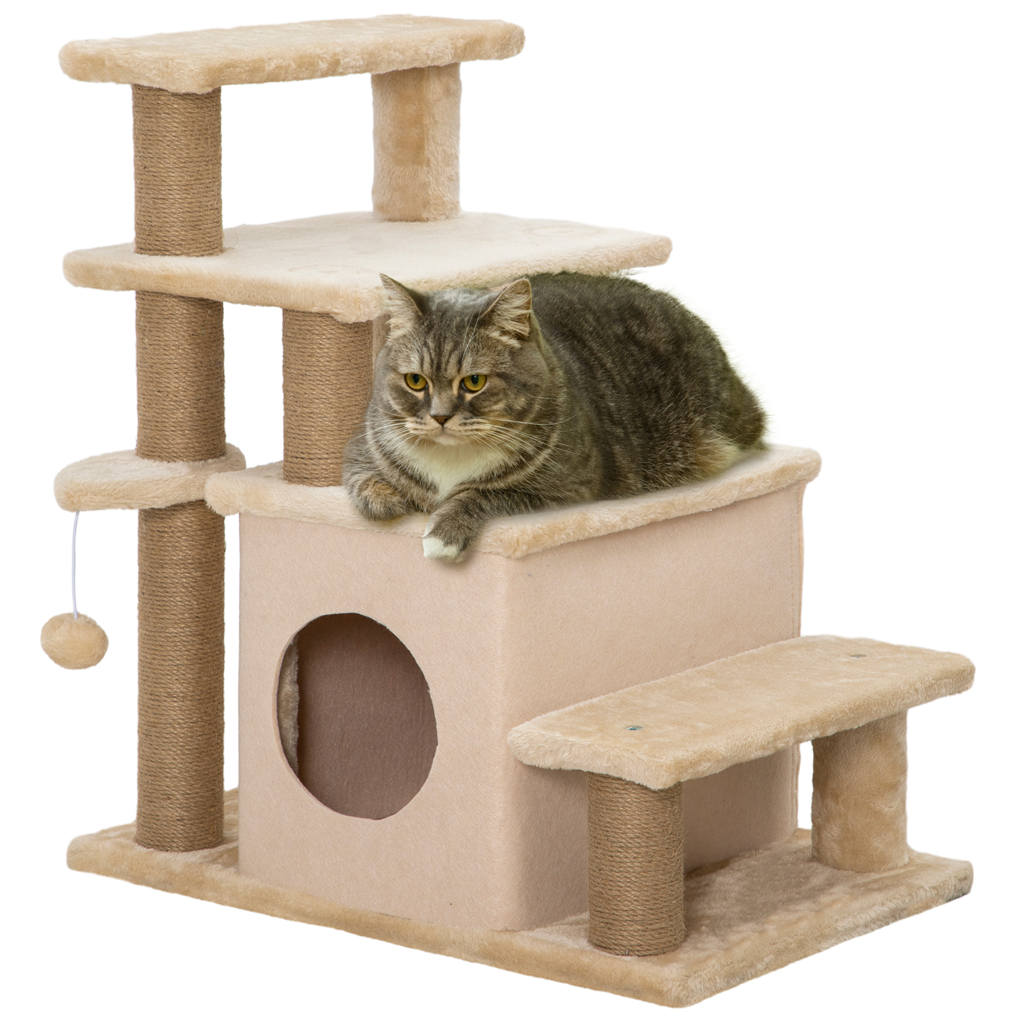 Pet Ramp - Adjustable Cat Steps with House and Toy Beige 60cm - Life Essentials