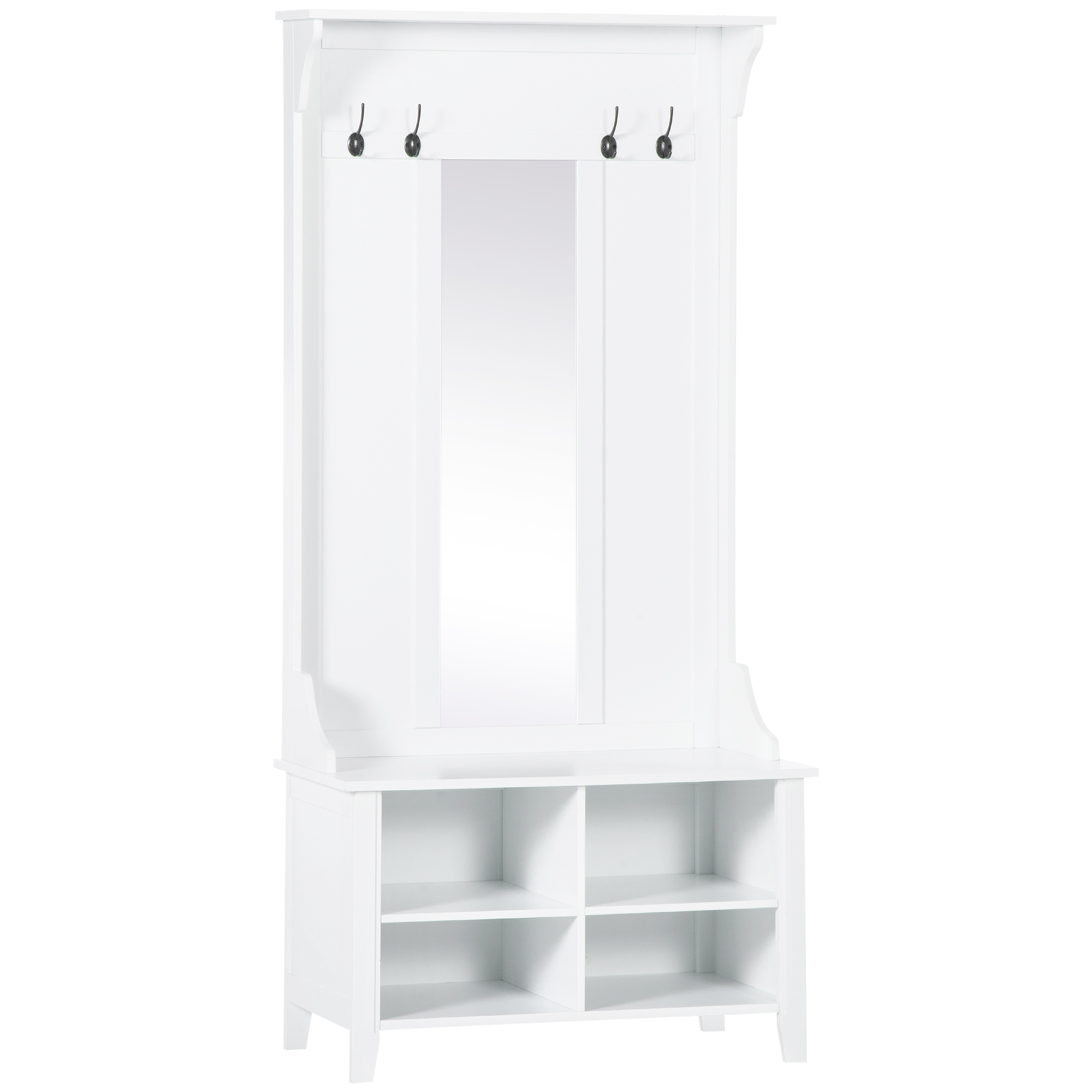 Hallway Furniture Set Shoe Bench Storage Mirror Cabinet Coat Rack Multiple Cubes Hangers Organiser Shelves w/ 4 Hooks - Life Essentials