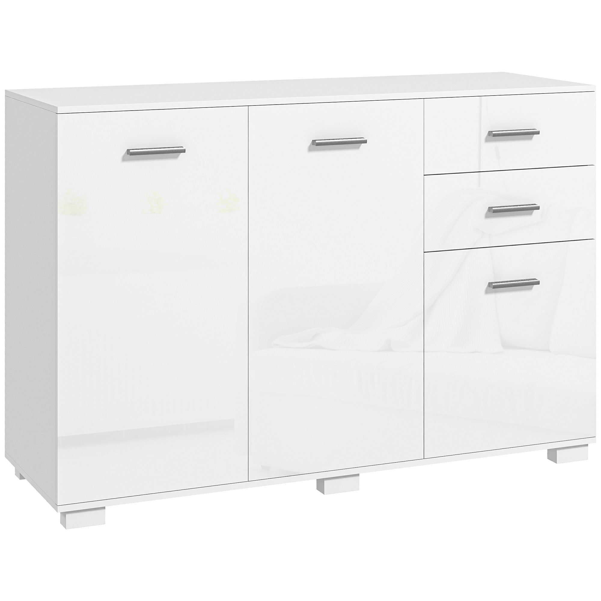 Sideboard, Modern Storage Cabinet w/ 2 Drawers, 3 Doors, Adjustable Shelves, Kitchen Cabinet for Living Room, Dining Room, High Gloss White - Life 