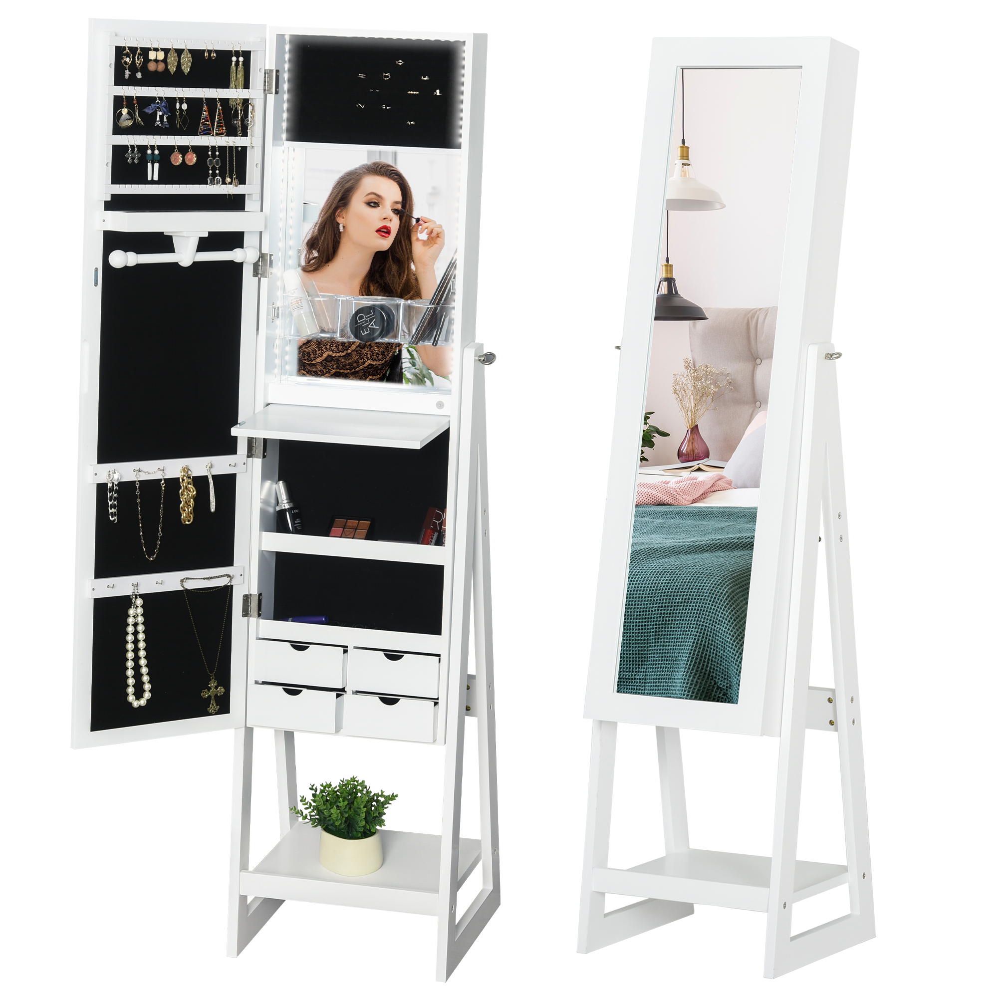 LED Light Jewelry Cabinet Storage Armoire w/ 2 Mirrors Drawers Hooks Shelves Make-Up Vanity Dresser Adjustable Bedroom Home White - Life Essentials