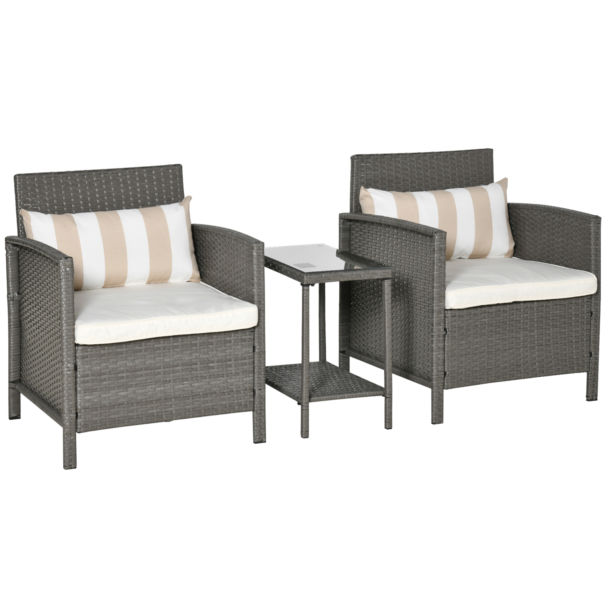 Rattan Garden Furniture 3 Pieces Patio Bistro Set Wicker Weave Conservatory Sofa Chair & Table Set with Cushion Pillow - Light Grey - Life Essentials