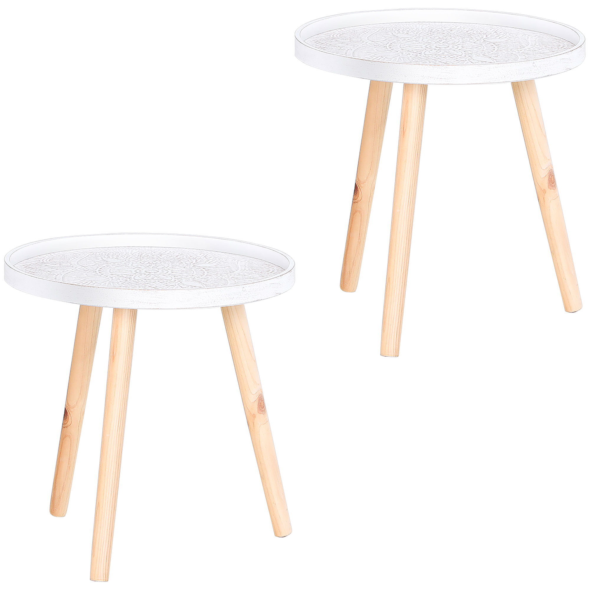 Coffee Table, Carved Floral Round Table with Tray-style Top and Wood Legs, Modern Side Table for Living Room, Set of 2, White - Life Essentials