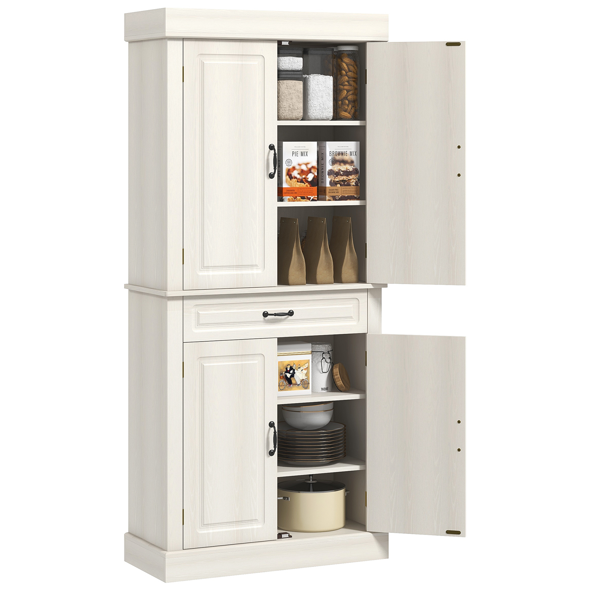 Kitchen Cupboard with 4 Doors, Freestanding Storage Cabinet with Wide Drawer and Shelves for Living Room, 180cm, White Wood Grain - Life Essentials