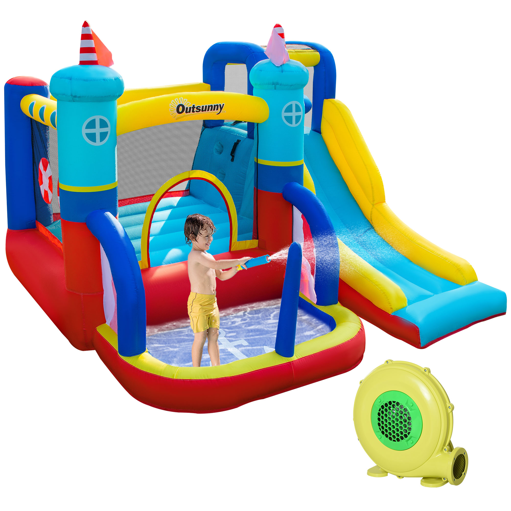 4 in 1 Kids Bounce Castle Large Sailboat Style Inflatable House Slide Trampoline Water Pool Climbing Wall for Kids Age 3-8, 2.65 x 2.6 x 2m - Life 