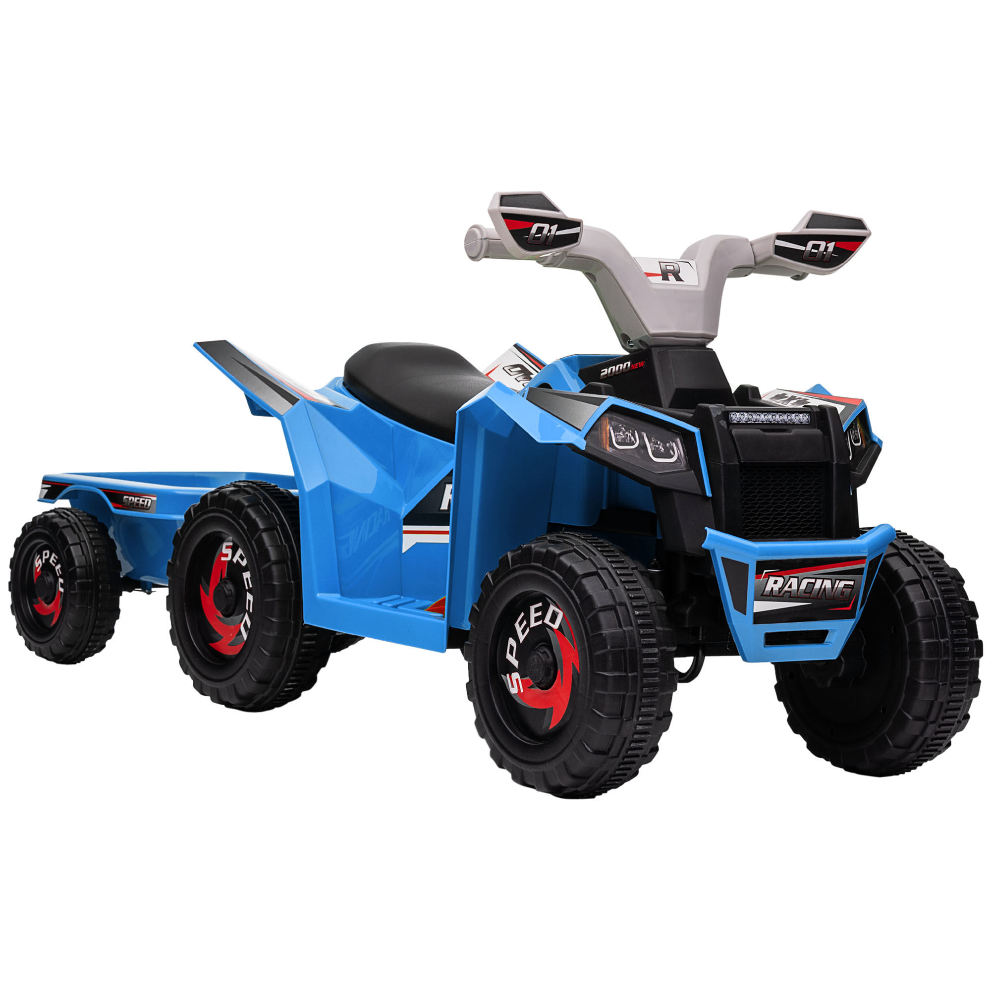 6V Quad Bike with Back Trailer, Wear-Resistant Wheels, for Ages 18-36 Months, Blue - Life Essentials