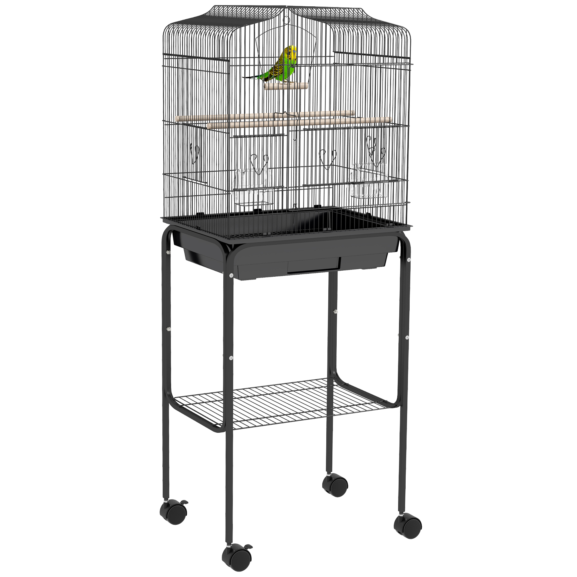 PAWSTER Bird Cage Budgie Cages for Finch Canary Parakeet with Stand Wheels Slide-out Tray Accessories Storage Shelf, Black - Life Essentials