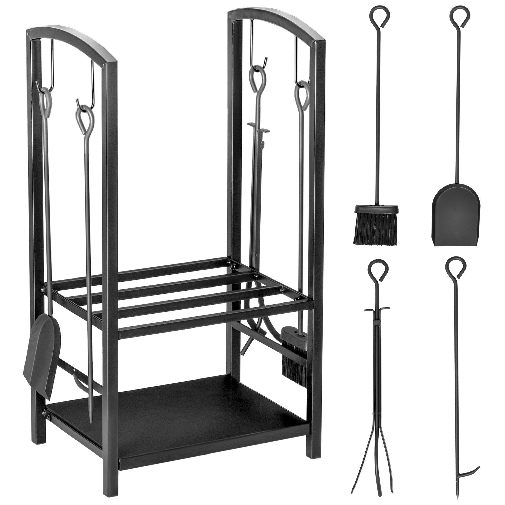 Firewood Log Rack Holder Wood Lumber Storage with Hooks 4 Tools - Black - Life Essentials