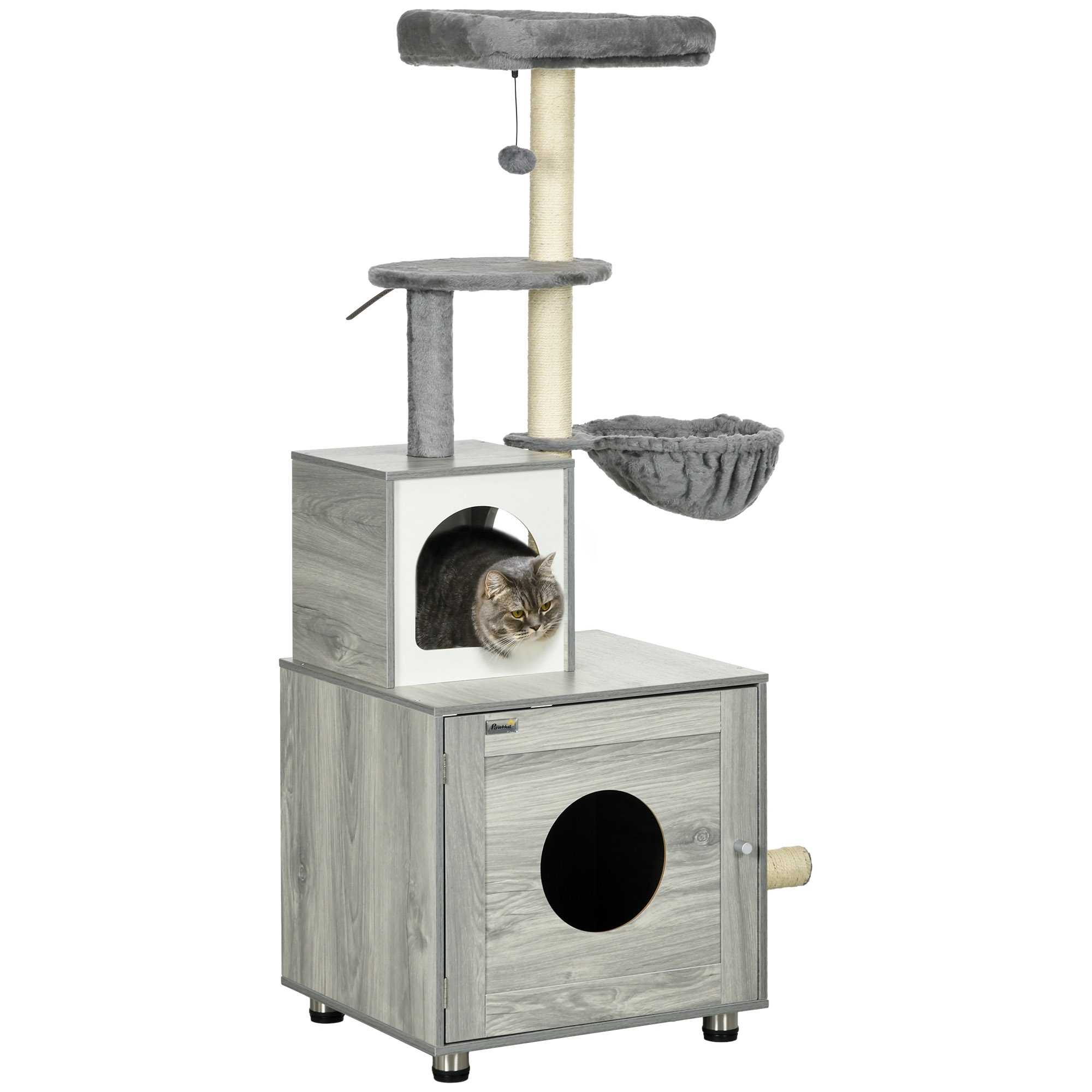 Enclosed Cat Litter Box with Cat House, Cat Bed, Scratching Posts, Platforms for Indoor Cats Use, Grey - Life Essentials