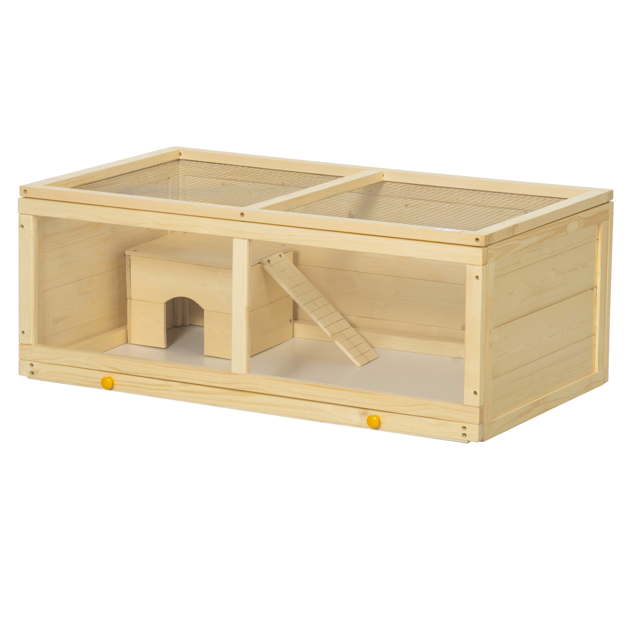PAWSTER Wooden Hamster Cage with Sliding Tray, Openable Top, Hut for Syrian Hamsters, Natural Wood - Life Essentials