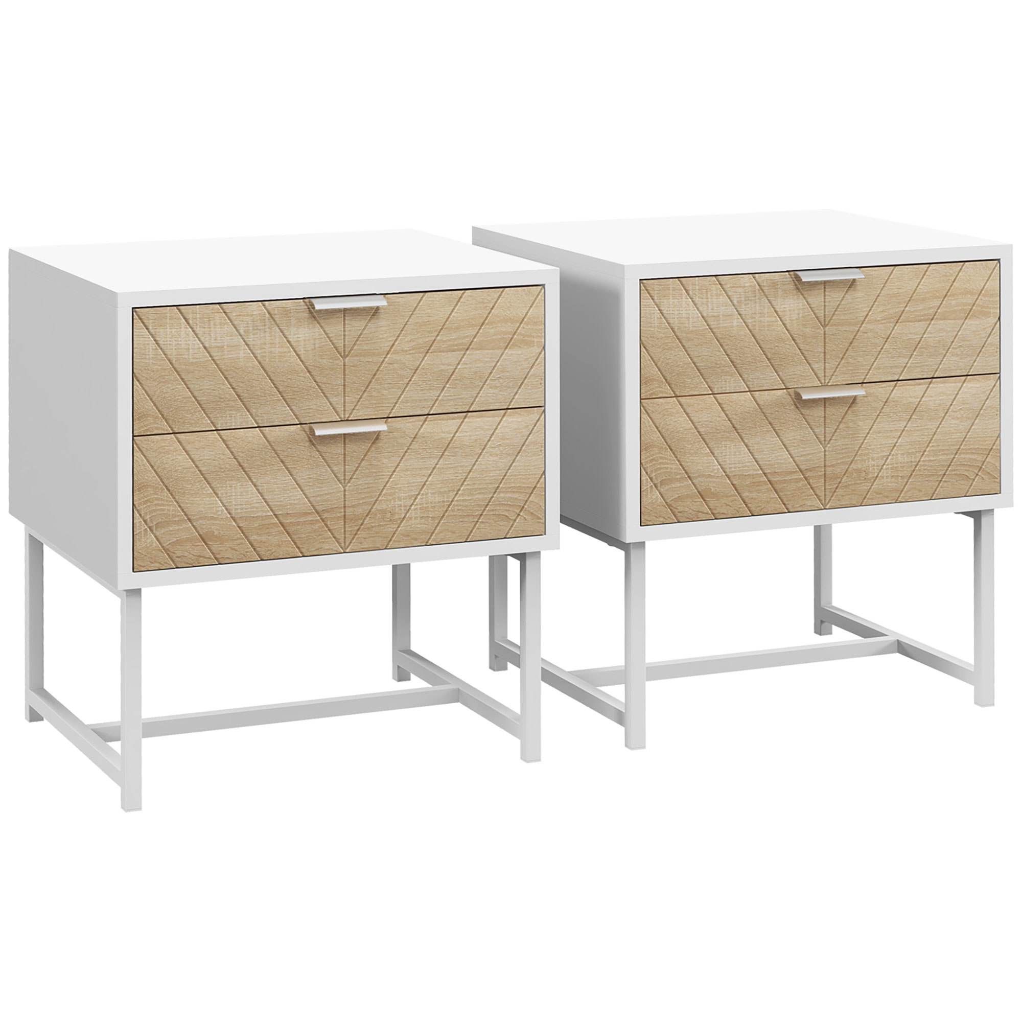 Bedside Table - MODERN 2 Piece 2 Drawer Nightstand White and Oak 45cm - Life Essentials