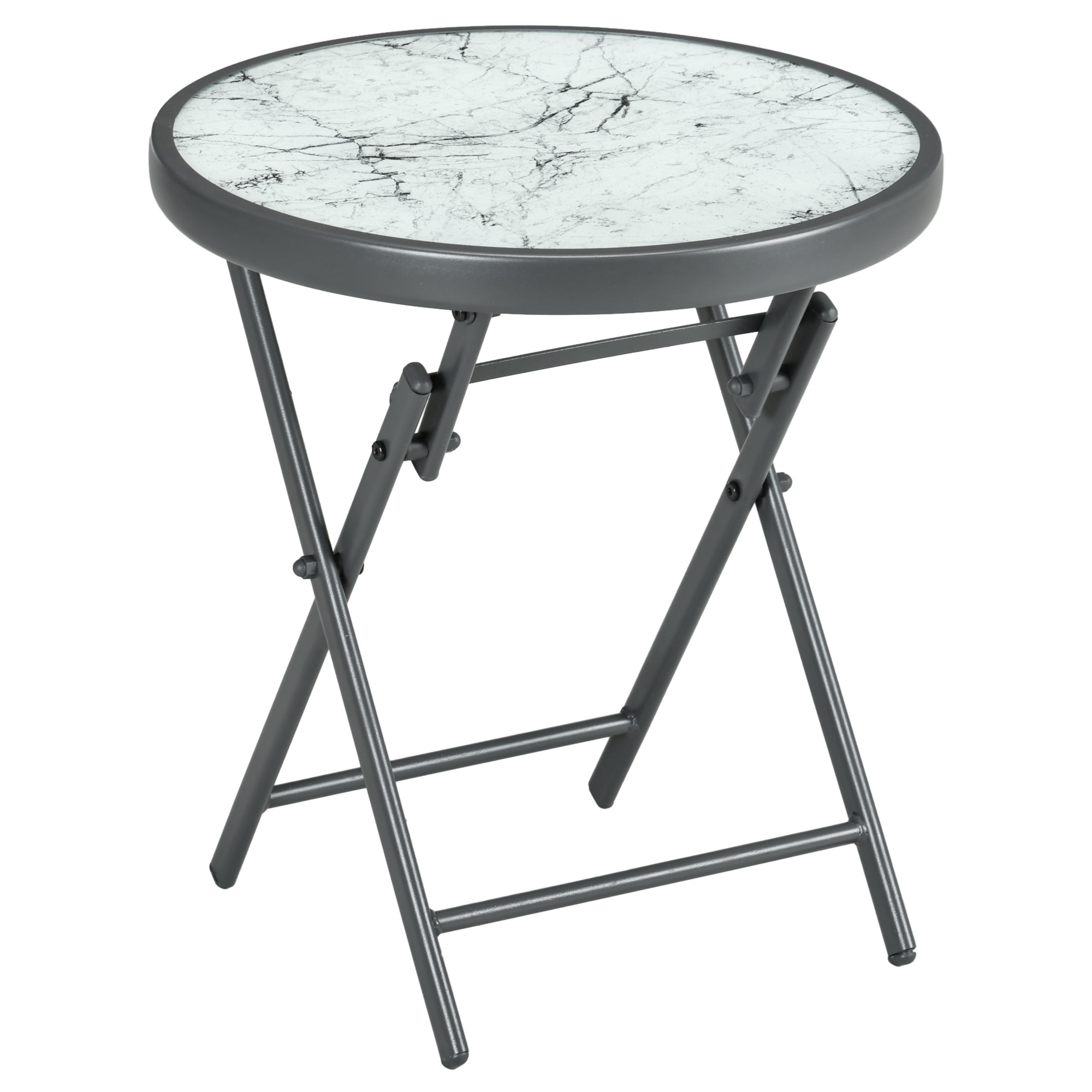 Outdoor Side Table, Round Folding Patio Table with Imitation Marble Glass Top, Small Coffee Table, White - Life Essentials