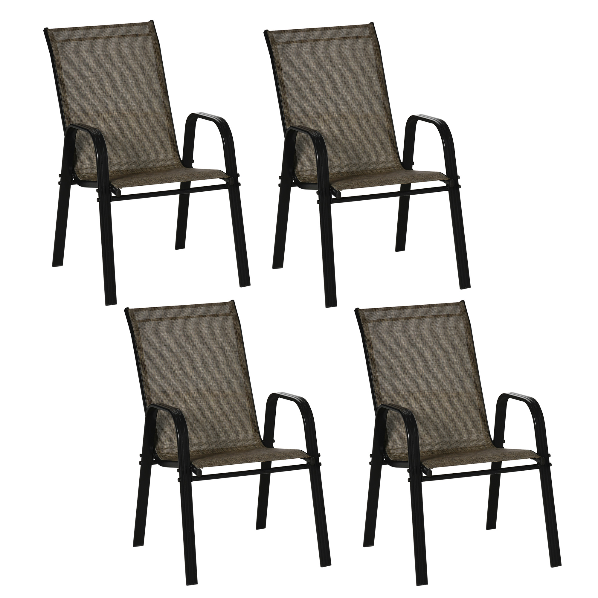4 Piece Stackable Outdoor Garden Dining Chairs with High Backrest and Armrest, Breathable Mesh Fabric, Mixed Brown - Life Essentials