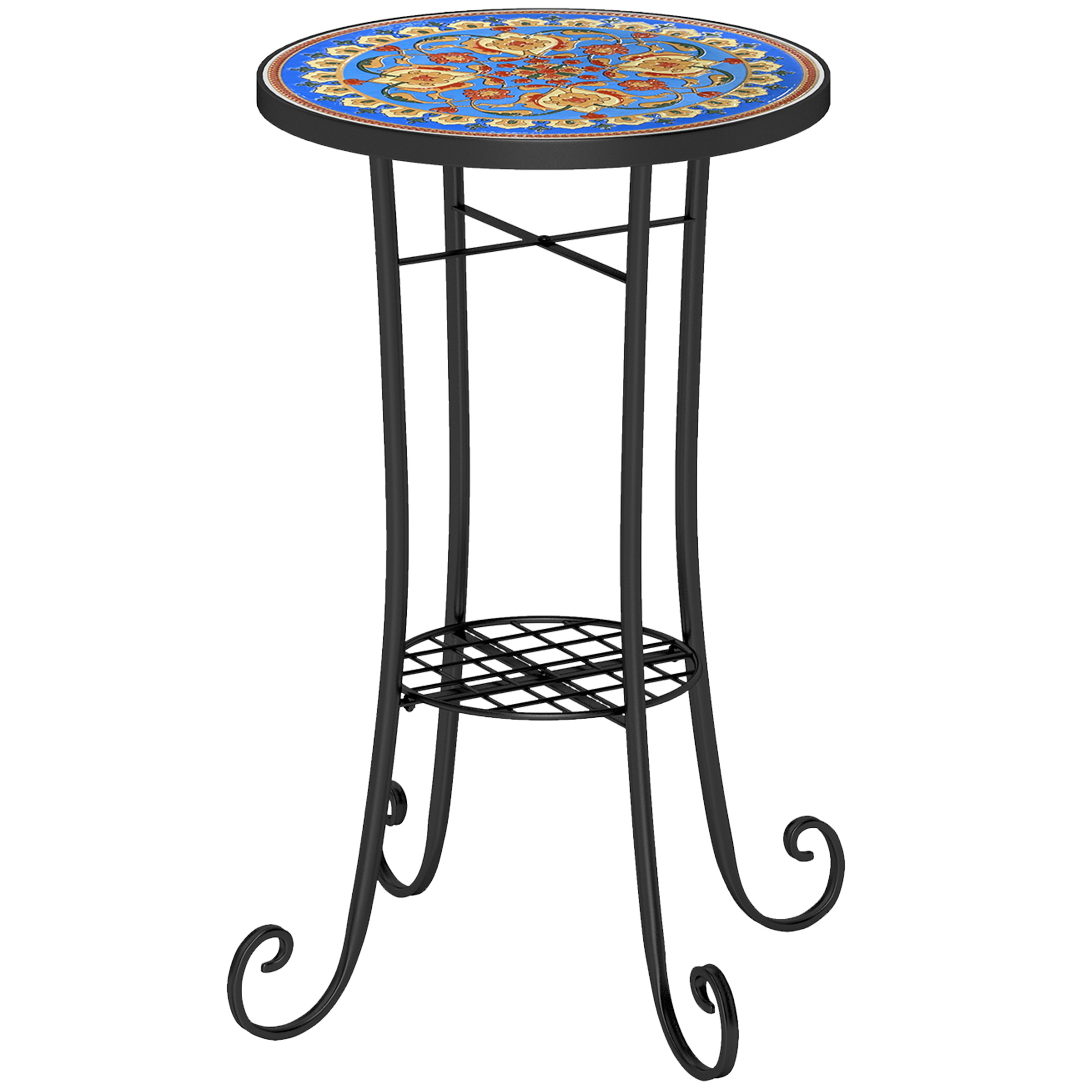 SUNVISTA Mosaic Garden Table, 35.5 cm Round Outdoor Table with Shelf, Ceramic Tile Top, Small Garden Side Table Bistro Table, Blue - Life Essentials