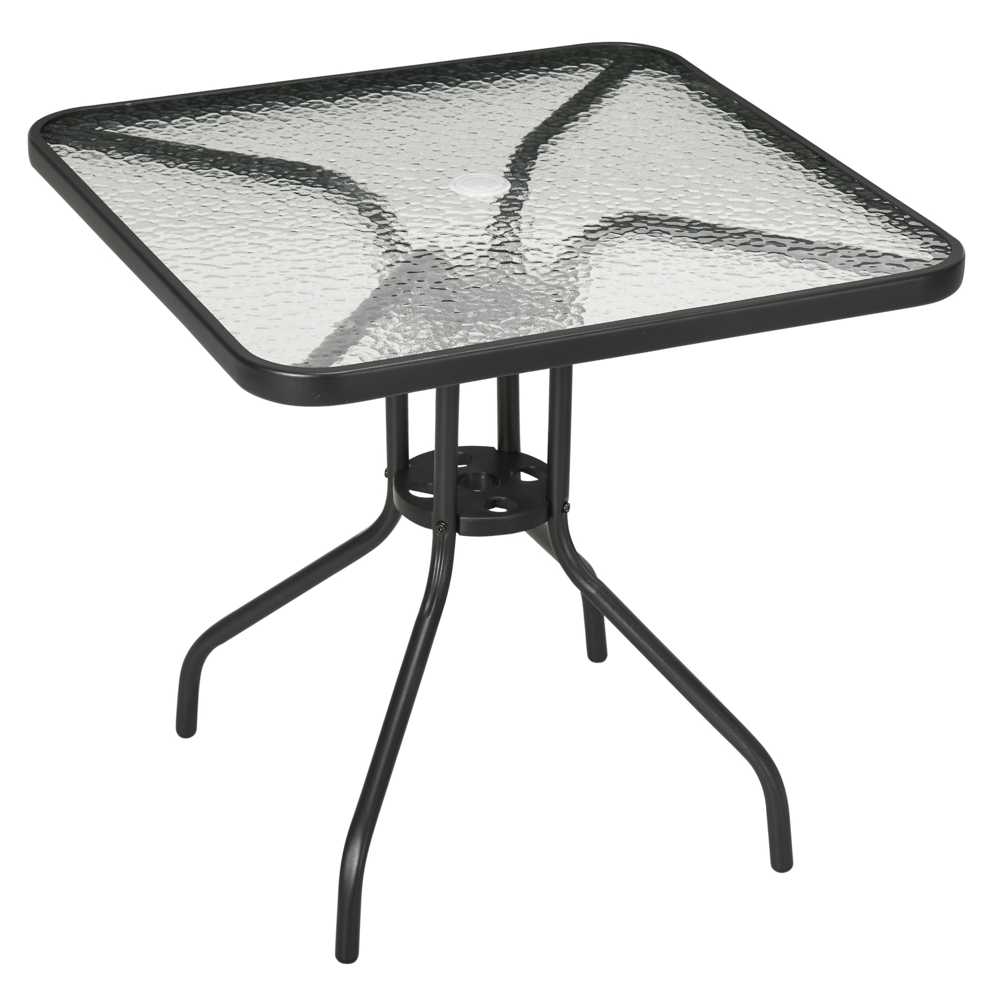 Square Patio Table, Tempered Glass Top Bistro Table, Garden Dining Table, Outdoor Accent Coffee Table 76 x 76cm Steel Frame w/ Umbrella Hole - Life 