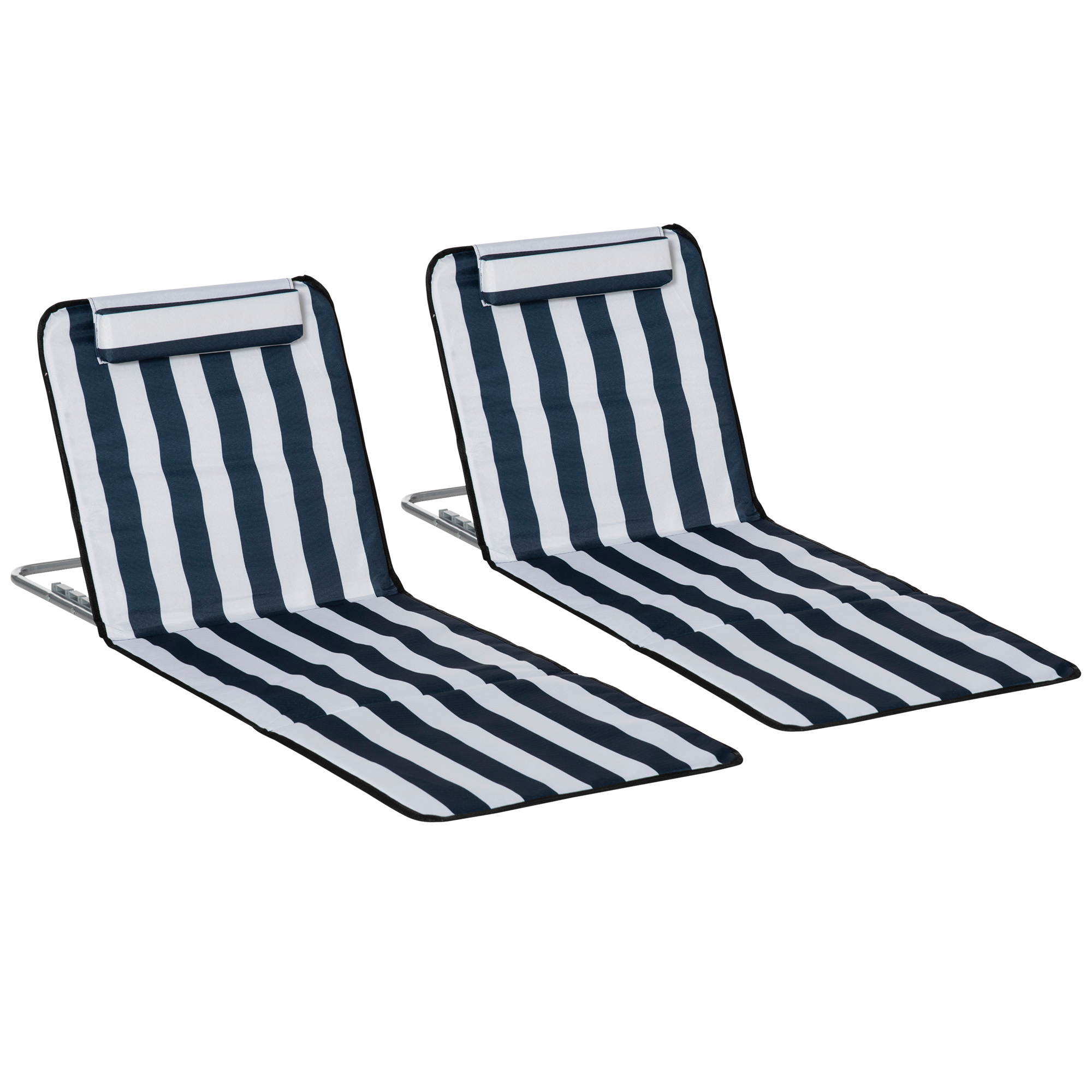 Set of 2 Foldable Garden Beach Chair Mat Lightweight Outdoor Sun Lounger Seats Adjustable Back Metal Frame PE Fabric Head Pillow, Blue - Life 