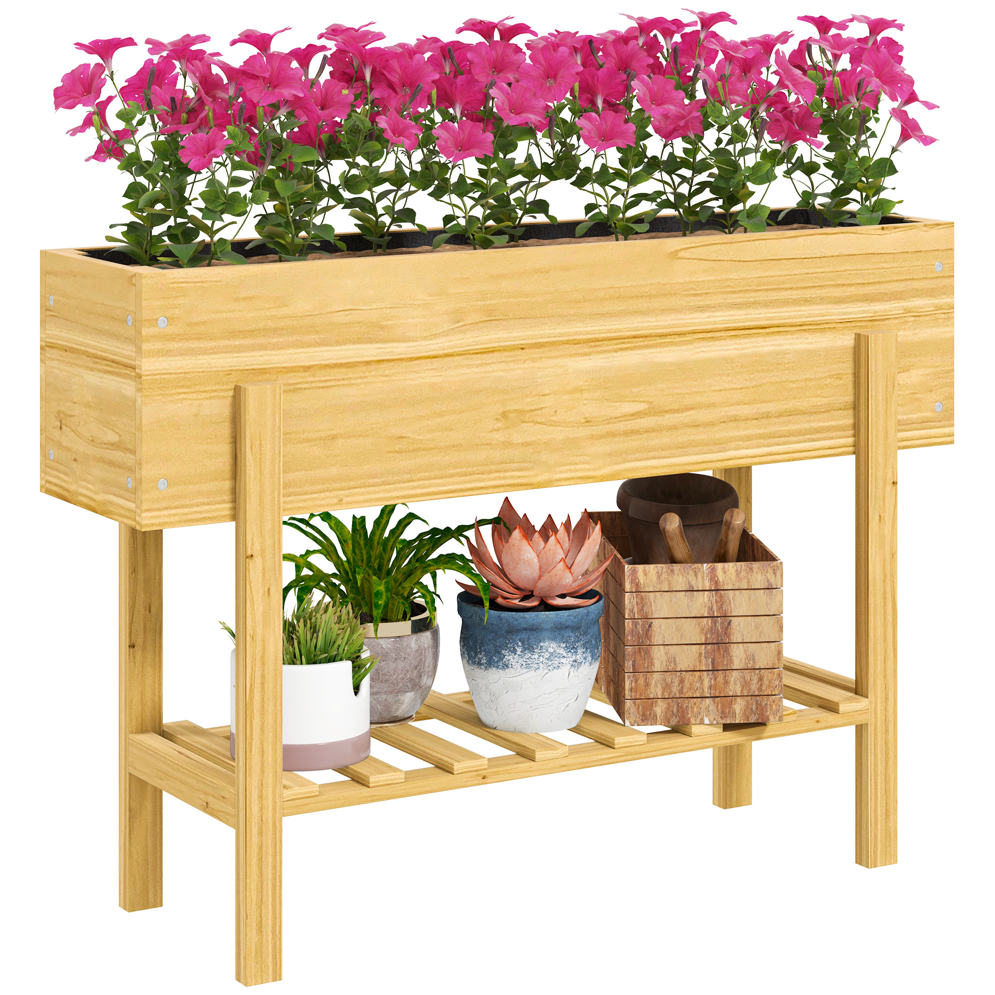 SUNVISTA Wooden Raised Garden Bed, 100x30x71cm Elevated Planter Box with Drainage, Storage Shelf, Natural Wood - Life Essentials