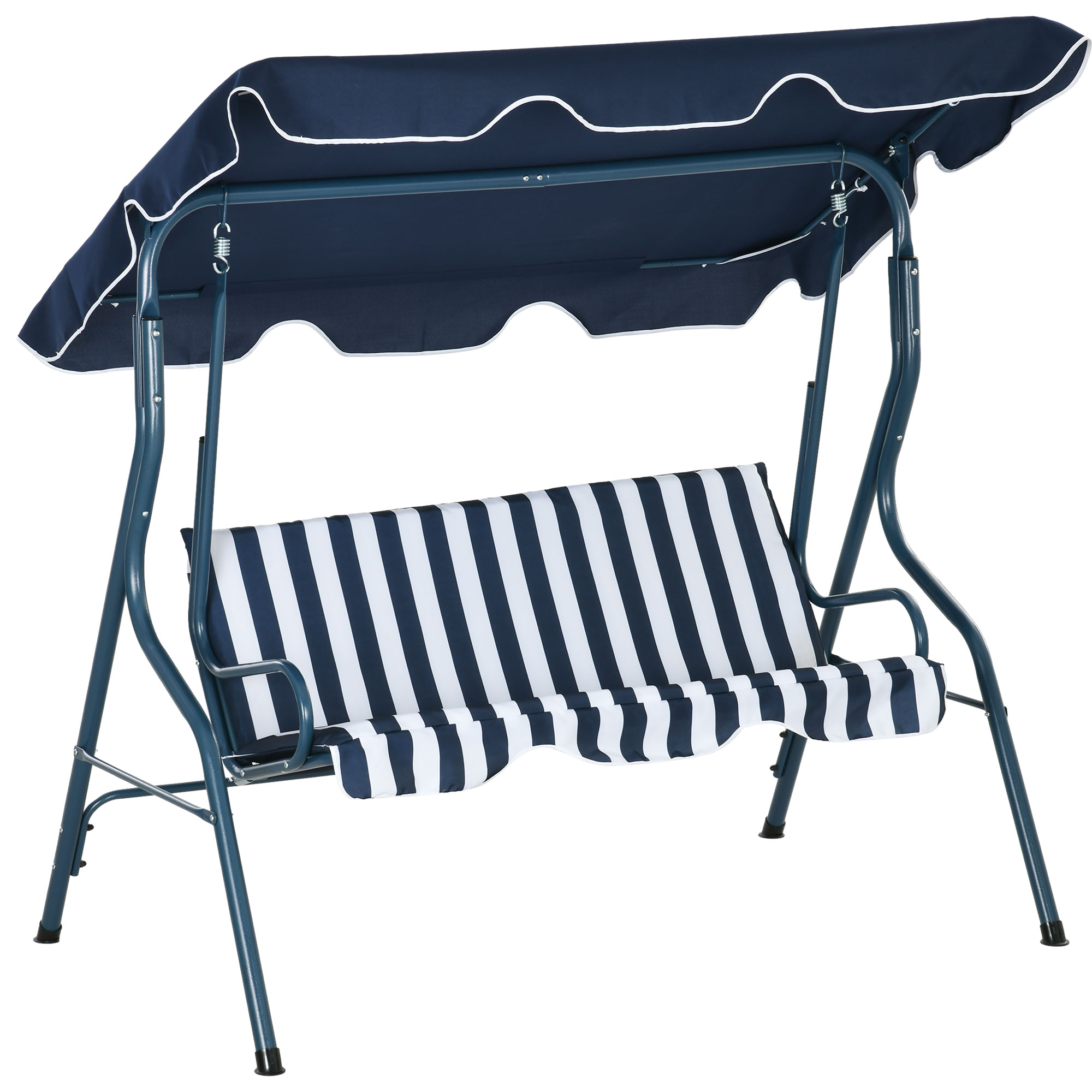 3 Seater Garden Swing Seat Chair Outdoor Bench with Adjustable Canopy and Metal Frame, Blue Stripes - Life Essentials