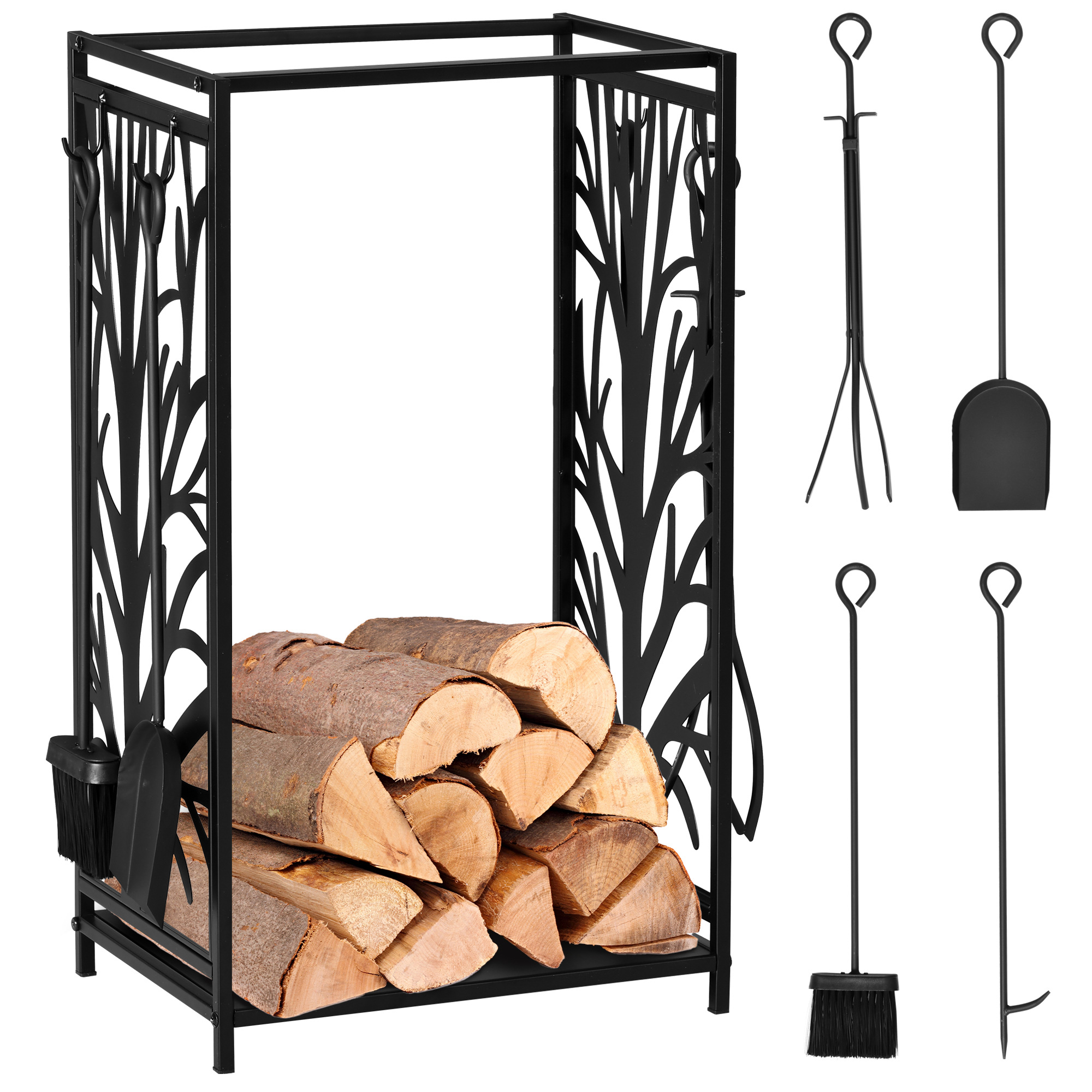Heavy Duty Firewood Wood Log Rack Fireplace Wood Stacker Storage w/ 4 Tools, Black - Life Essentials