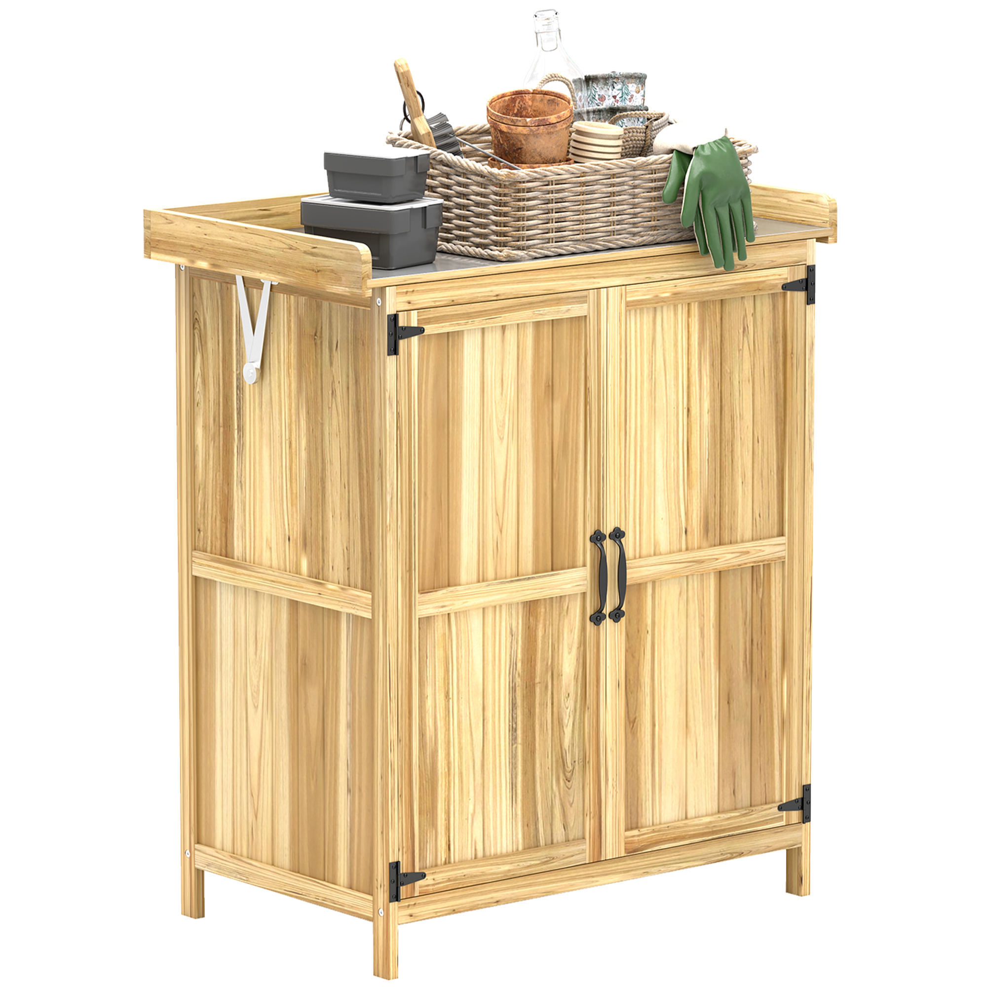 SUNVISTA 43 x 74cm Fir Wood Shed, with Metal Worktop - Natural Finish - Life Essentials