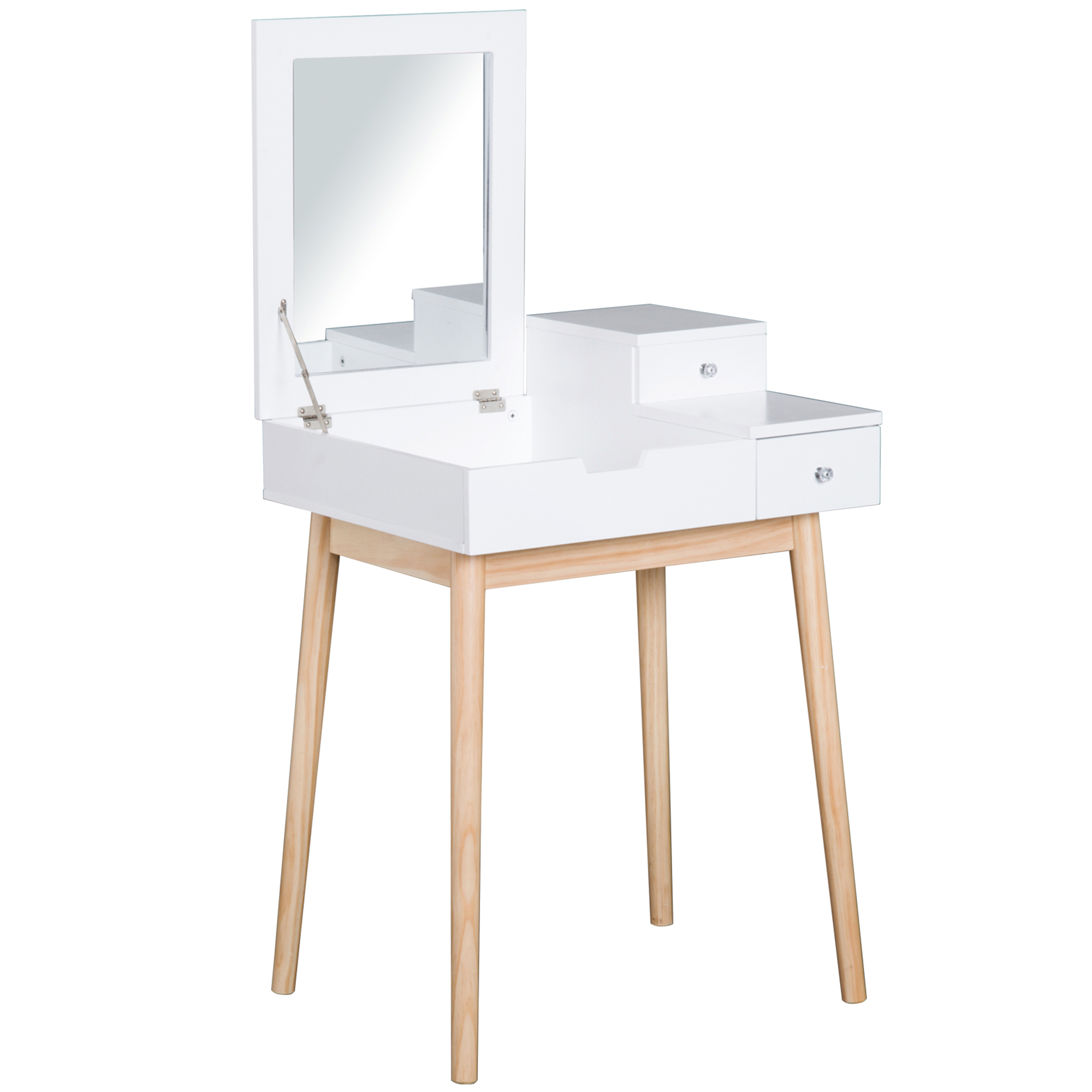 Pine Dressing Table Desk Flip-up Mirror 2 Drawers - White - Life Essentials