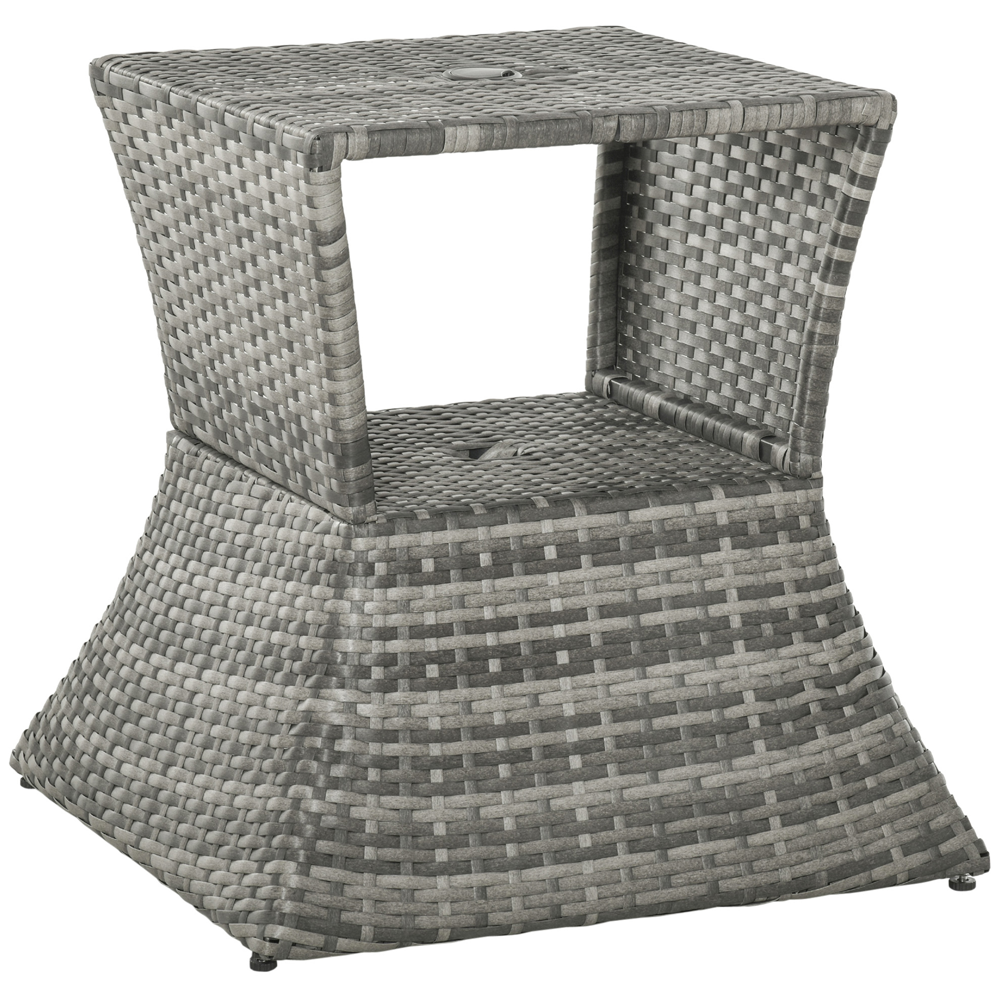 Outdoor Patio Rattan Wicker Coffee Table Bistro Side Table w/ Umbrella Hole and Storage Space, Grey - Life Essentials