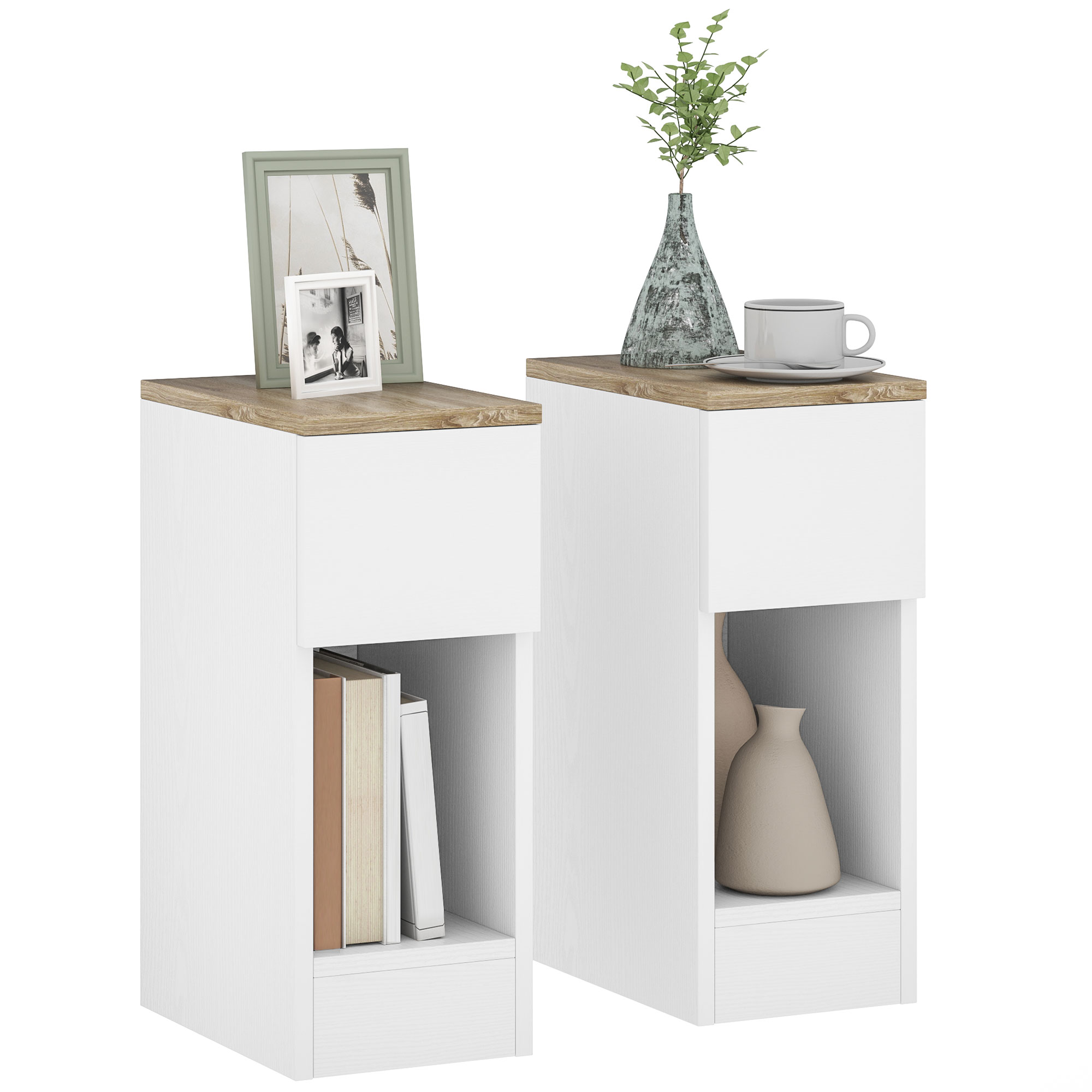 HERON Set of Two Modern Storage Bedside Tables - White - Life Essentials