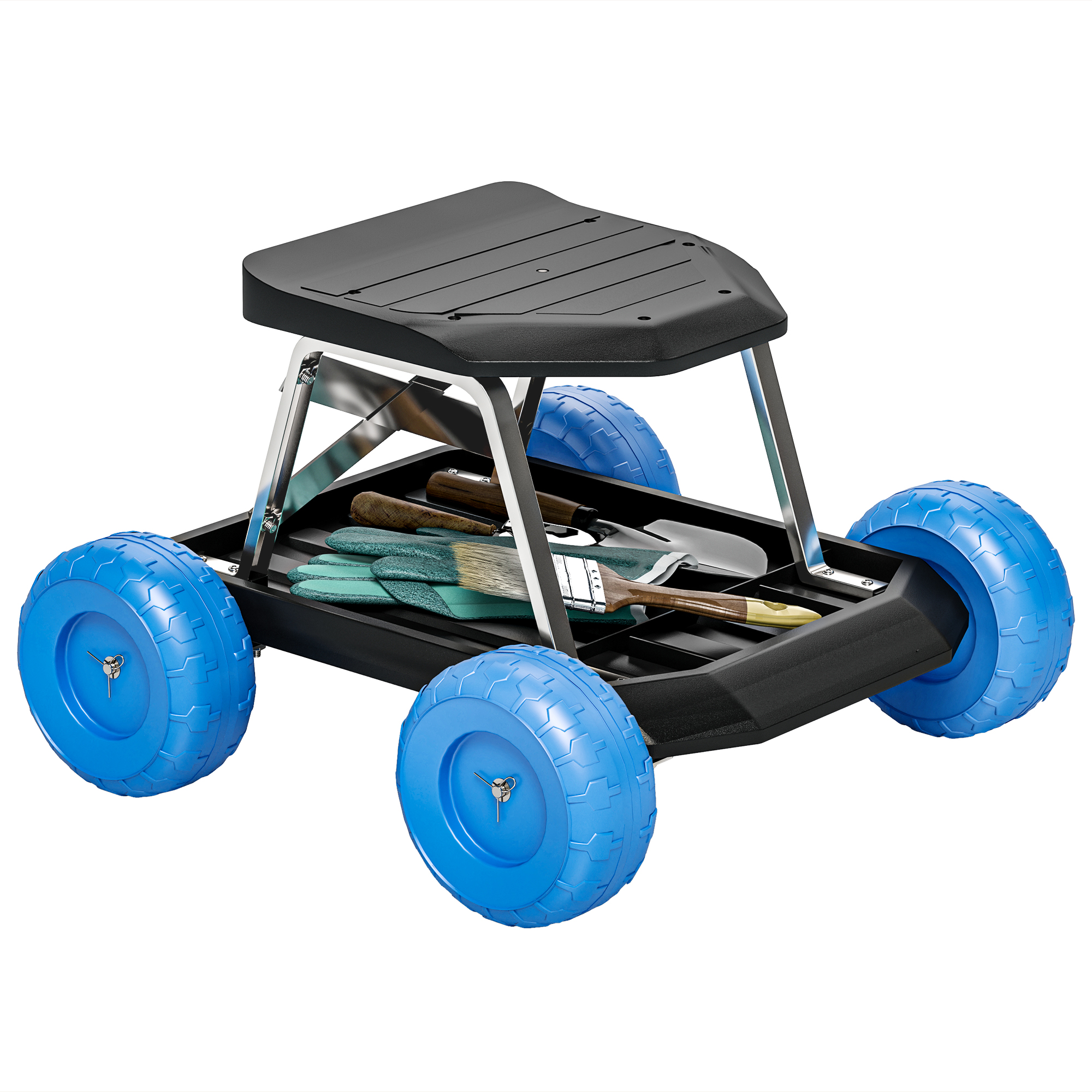 SUNVISTA Garden Cart with Wheels, Garden Stool Trolley with Tool Tray, Rolling Garden Seat for Weeding, Planting, Blue - Life Essentials