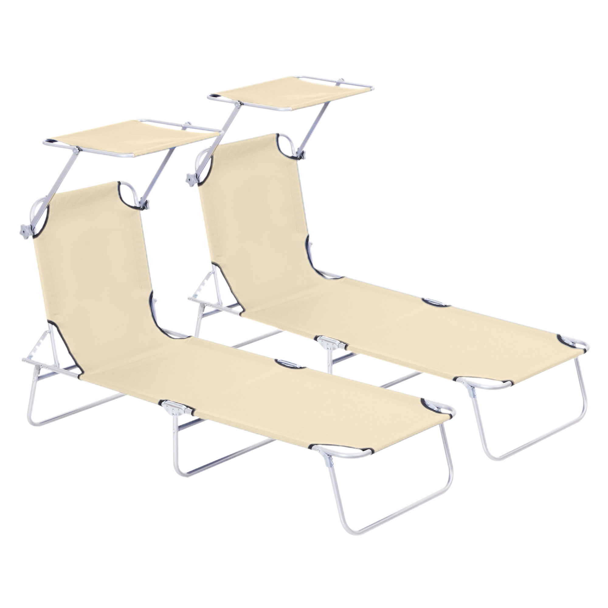 2 Pieces Outdoor Foldable Sun Lounger Set with Removeable Shade Canopy, Patio Recliner Sun Lounger with Adjustable Backrest with Mesh Fabric, Beige - 