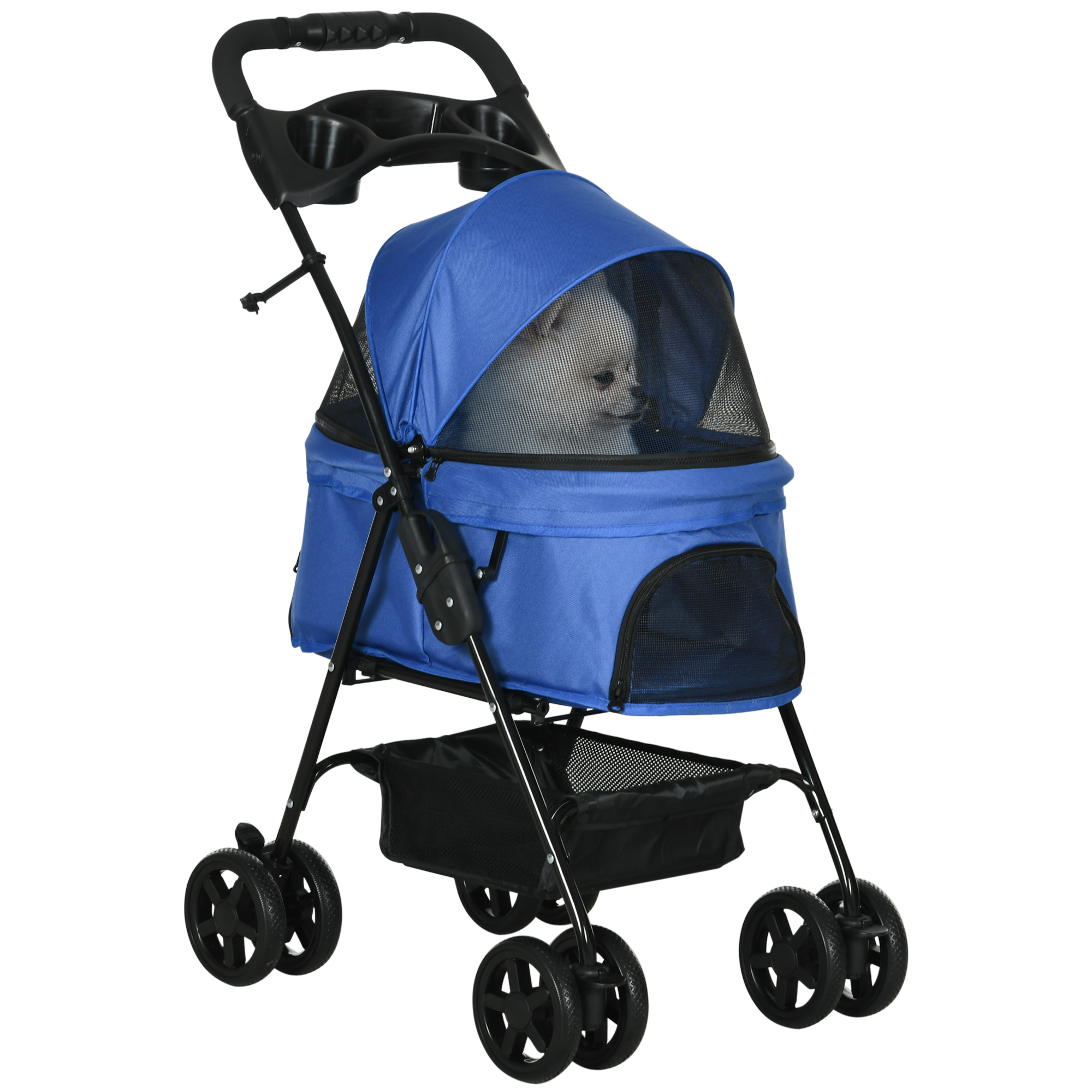 No-Zip Pet Stroller Dog Cat Travel Pushchair One-Click Fold Trolley Jogger with EVA Wheels Brake Basket Adjustable Canopy Safety Leash Blue - Life 