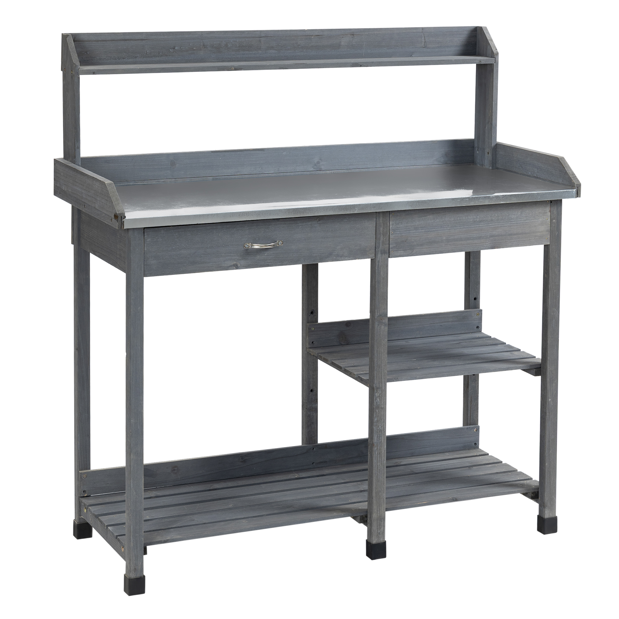 Garden Potting Table, Wooden Workstation Bench w/ Galvanized Metal Tabletop, Drawer, Storage Shelves and Hooks for Courtyards, Balcony - Life 