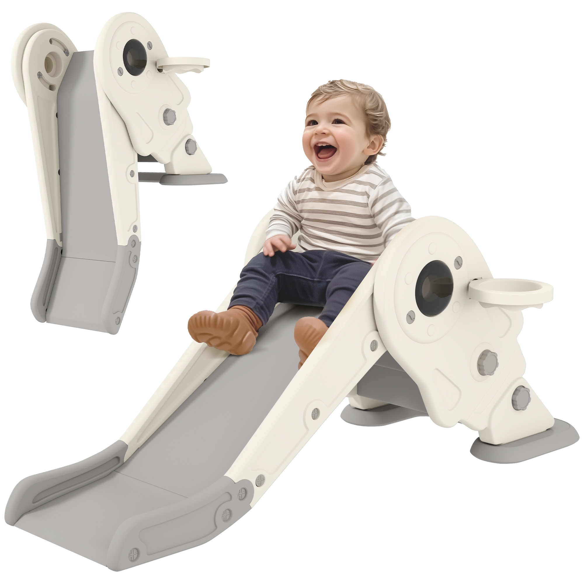 AIVAGO 3 in1 Kids Slide with Basketball Hoop, Climber, Anti-slip Steps for Toddlers Age 2-5, Cream White