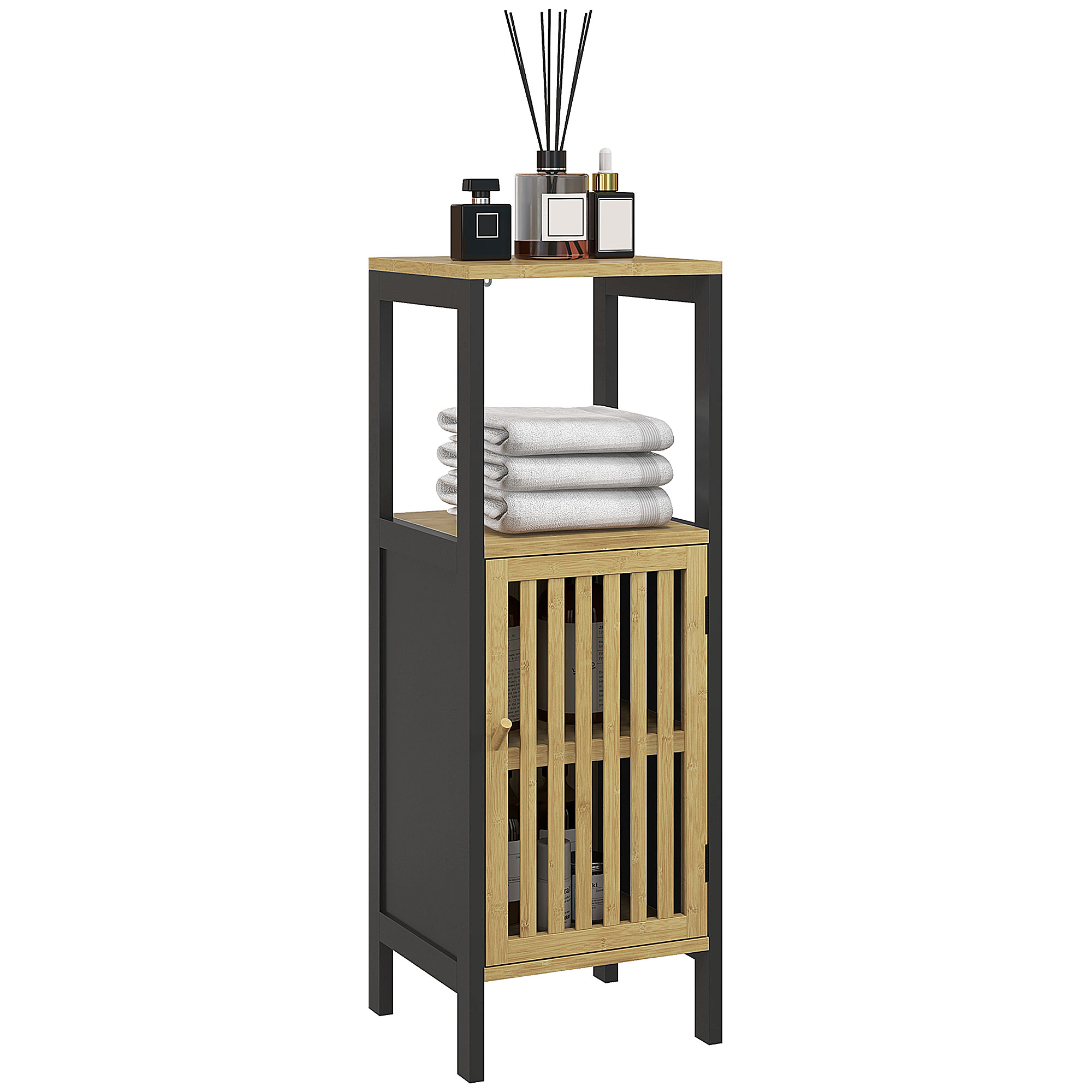 Scott Slim Bamboo Bathroom Storage Cabinet with Adjustable Shelf - Black - Life Essentials