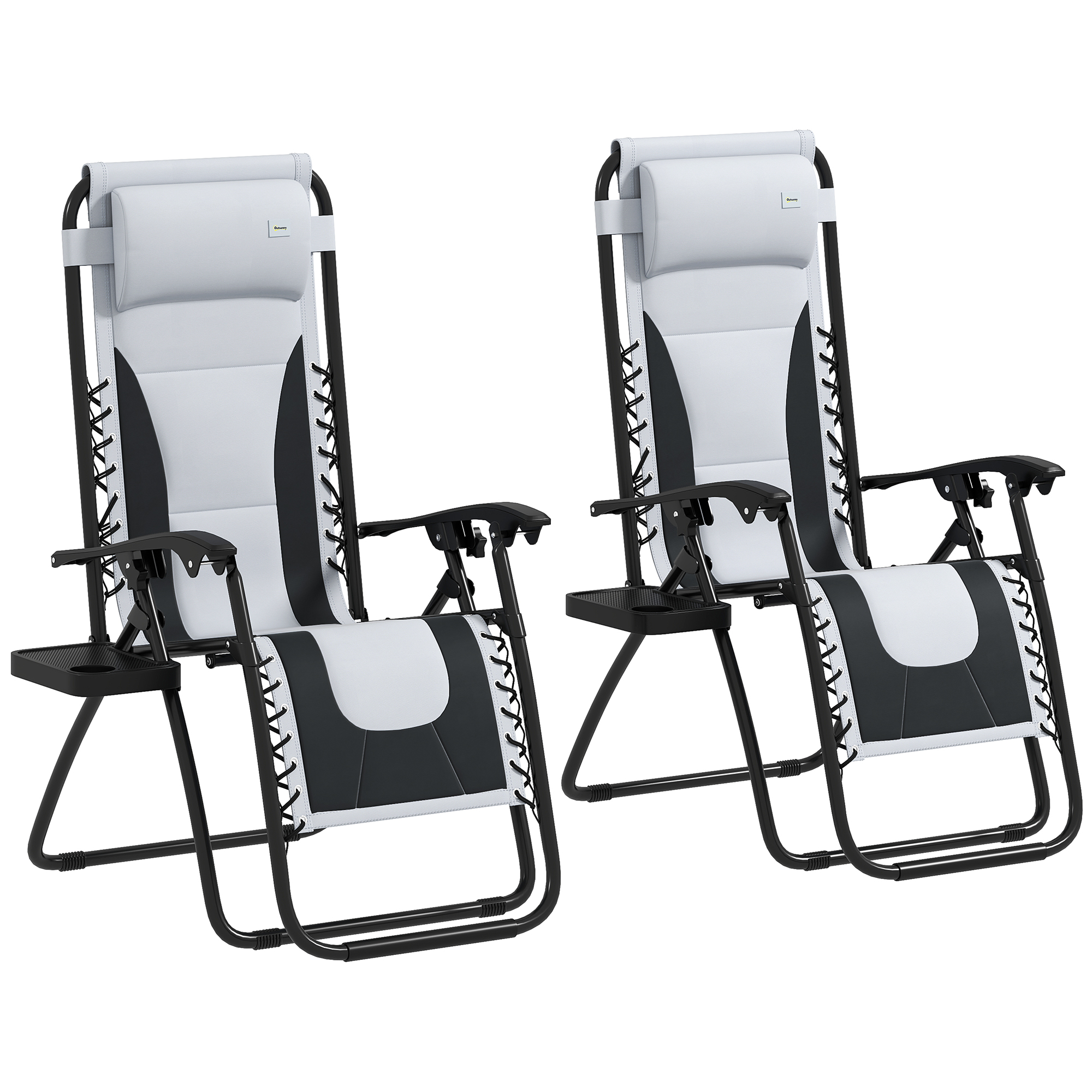 SUNVISTA Set of 2 Zero Gravity Loungers with Cushion, Cup Holder & Headrest, Reclining Garden Chairs, Grey - Life Essentials