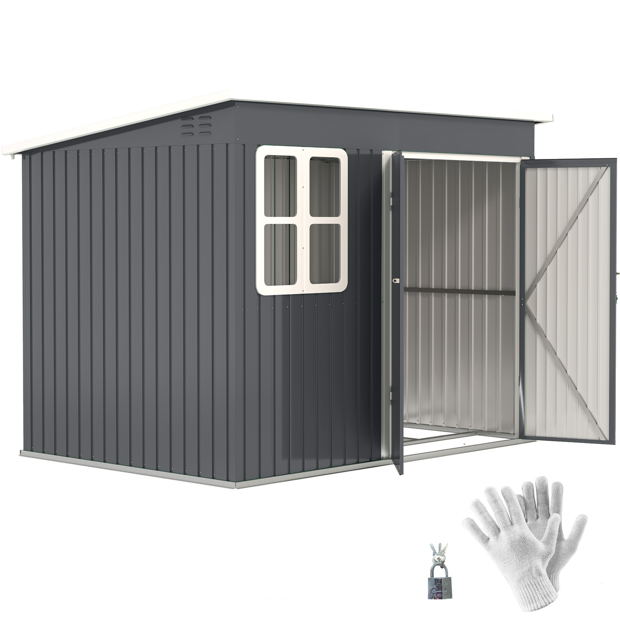 SUNVISTA 8.5 x 6ft Storage Shed Galvanised Steel Garden Shed, Metal Shed with Foundation Kit, Dark Grey - Life Essentials