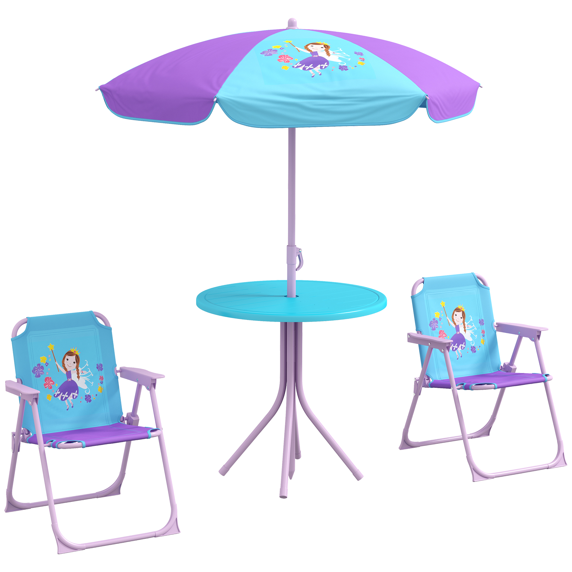 Kids Picnic Table and Chair Set, Fairy Themed Outdoor Garden Furniture w/ Foldable Chairs, Adjustable Parasol - Life Essentials
