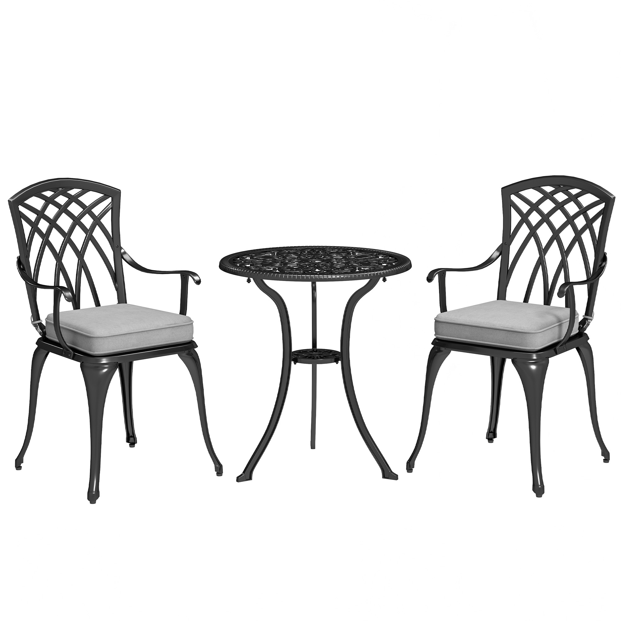 SUNVISTA 3 Piece Cast Aluminium Garden Bistro Set for 2, Outdoor Coffee Table Set Rust Resistant with Parasol Hole, Cushions, Black - Life Essentials