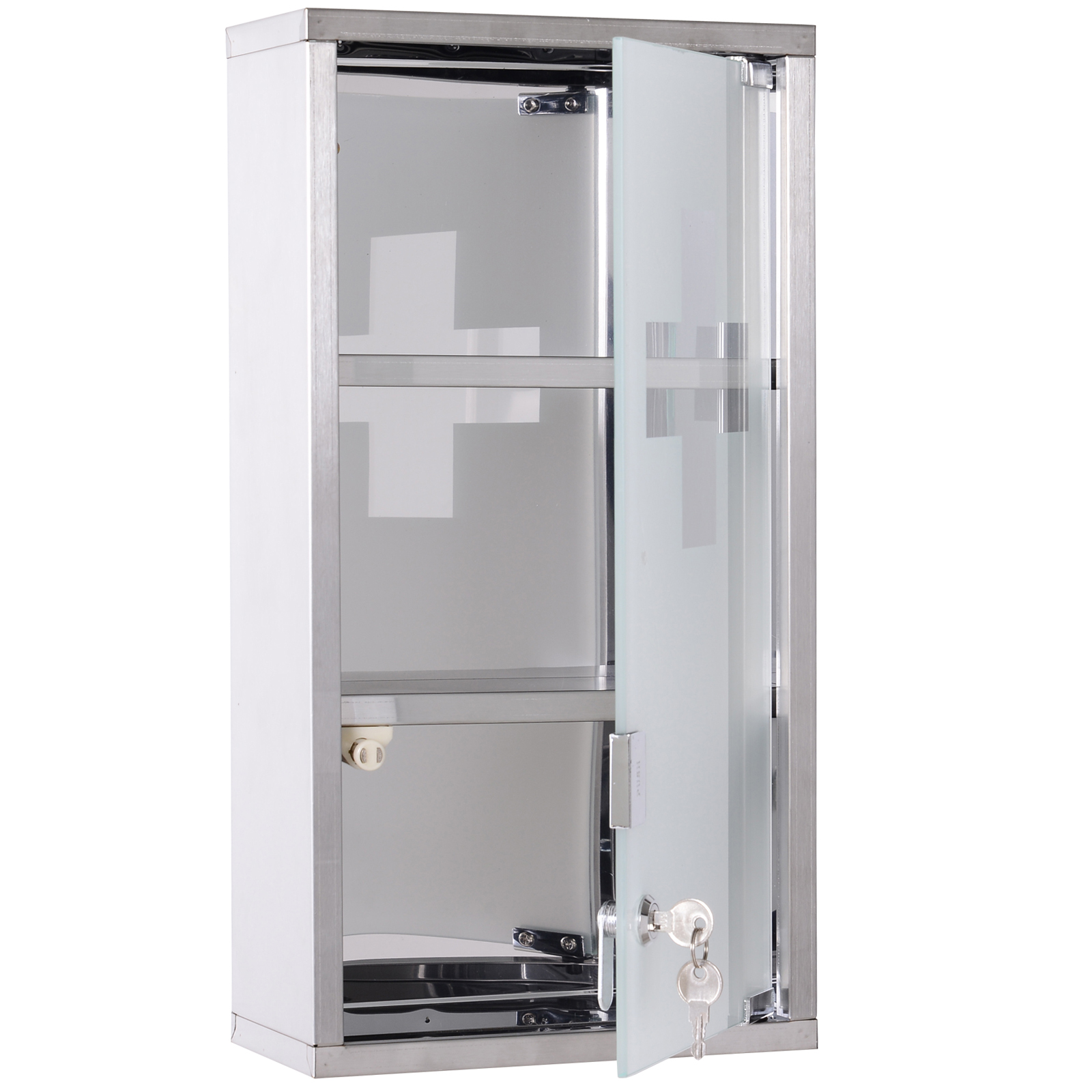 Stainless Steel wall mounted Medicine Cabinet with 2 Shelves + Security Glass Door Lockable 48 cm(H) - Life Essentials
