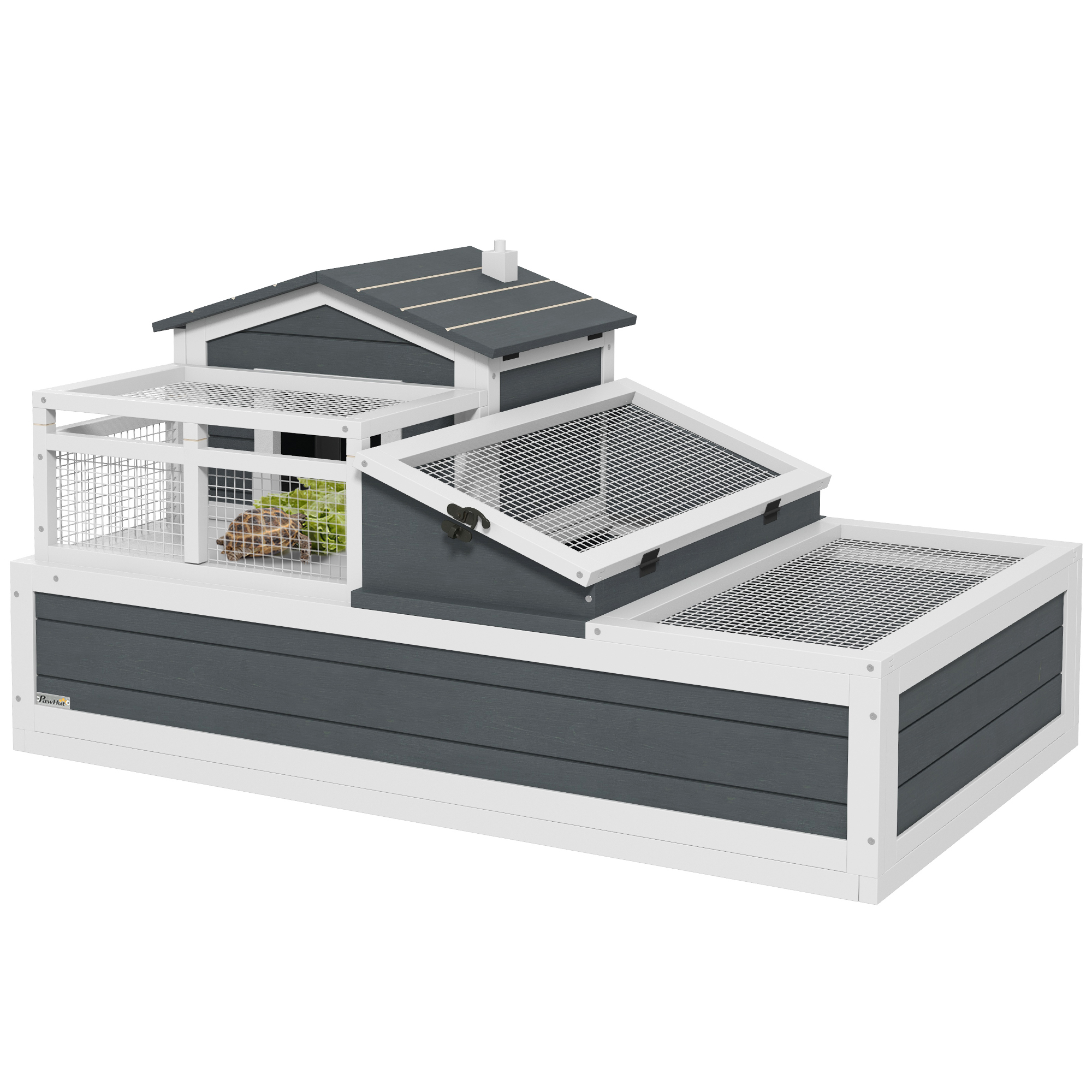 PAWSTER Tortoise House 3-Room with 2 Stories, Ladder, Balcony, Tray, Openable Roof, 59H x 112L x 65Wcm, Grey - Life Essentials