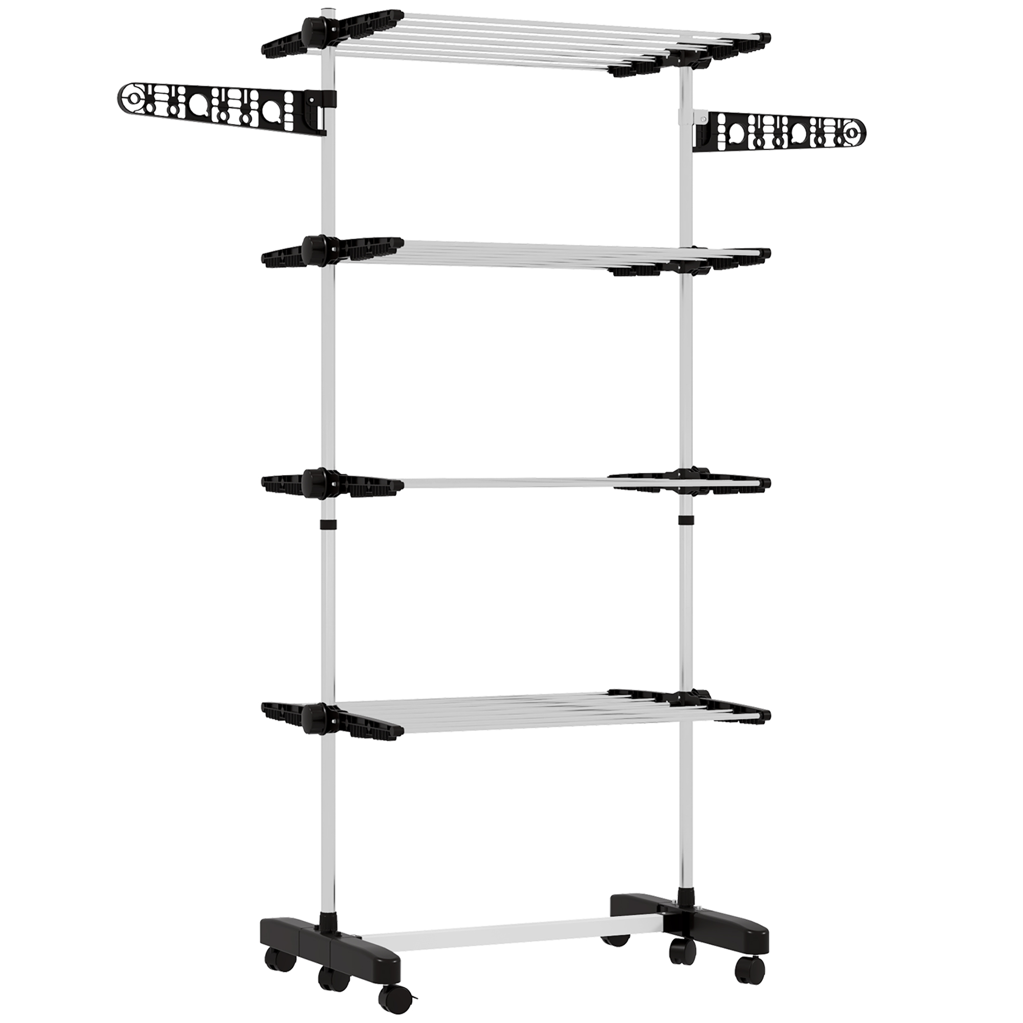 HERON Four-Shelf Collapsing Clothes Horse, With Side Arms and Wheels - Black - Life Essentials