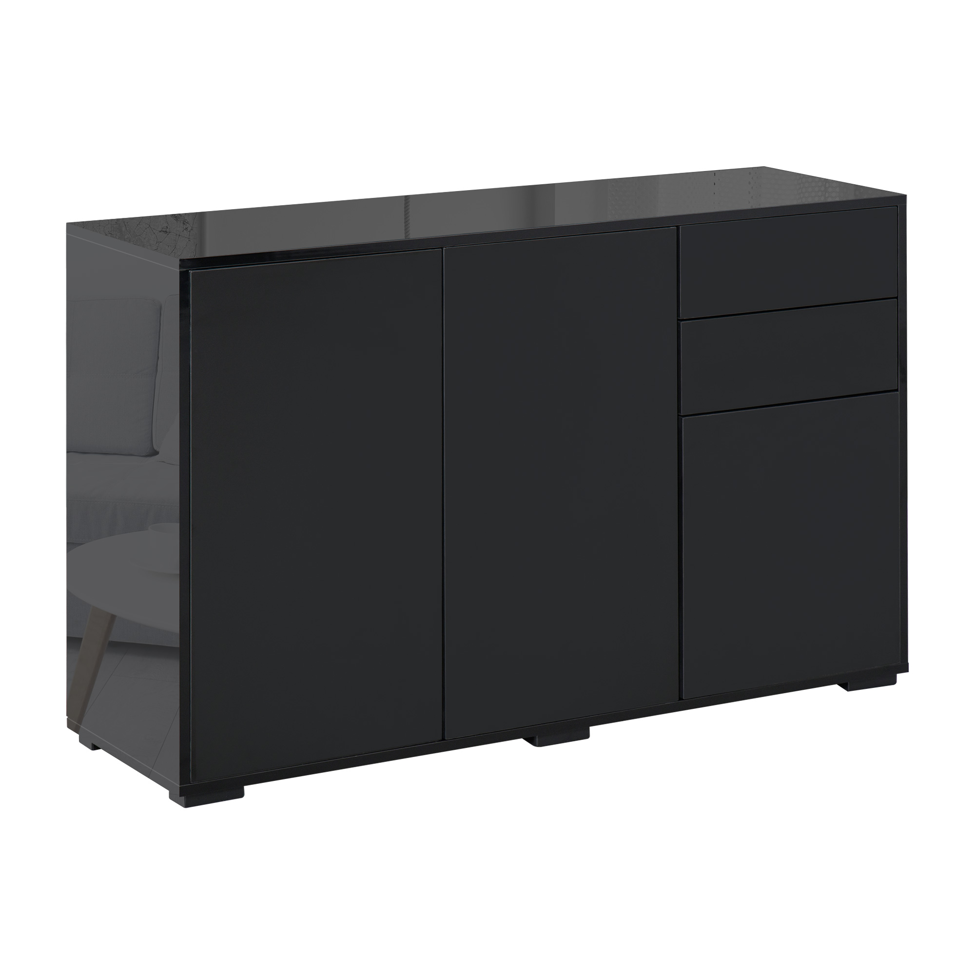 High Gloss Sideboard, Side Cabinet, Push-Open Design with 2 Drawer for Living Room, Bedroom, Black - Life Essentials