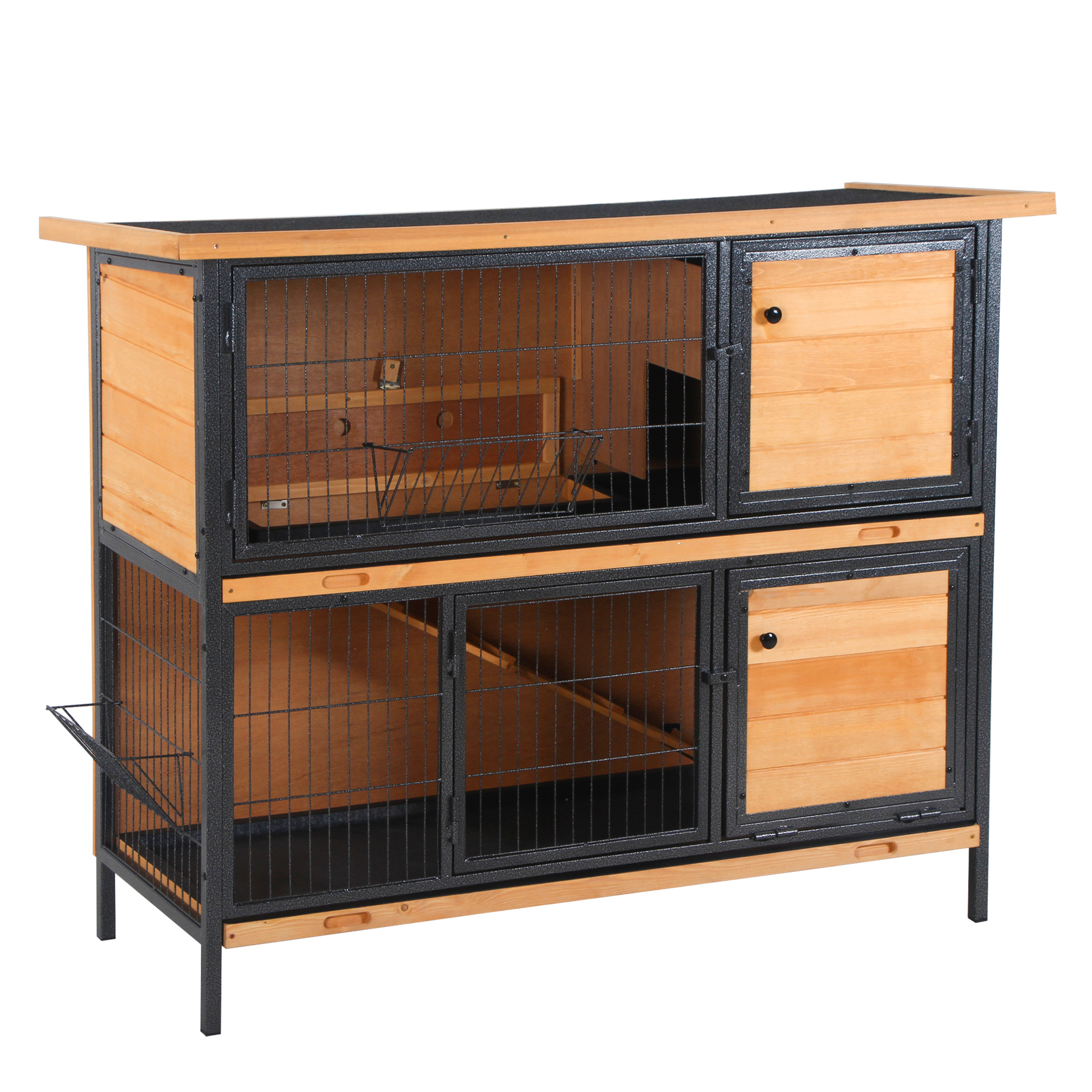 2-Floor Wooden Rabbit Hutch Bunny Cage Metal Frame Pet House with Slide-Out Tray Feeding Trough Ramp Lockable Door Openable Roof - Life Essentials