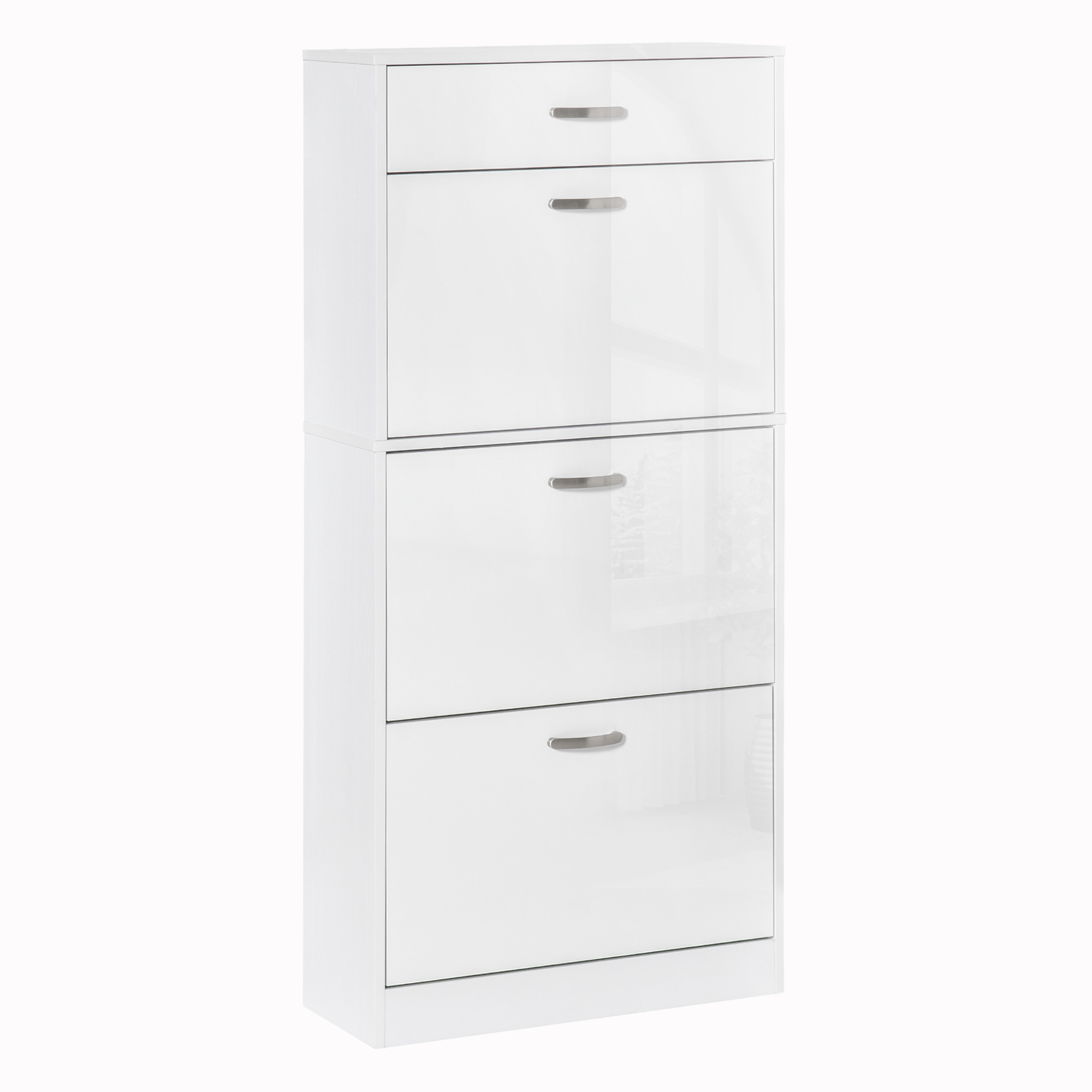 Shoe Cabinet with 4 Drawers Storage High Gloss Cupboard with Flip Doors Pull Down Furniture Unit with Adjustable Shelves for 18 Pairs White - Life 