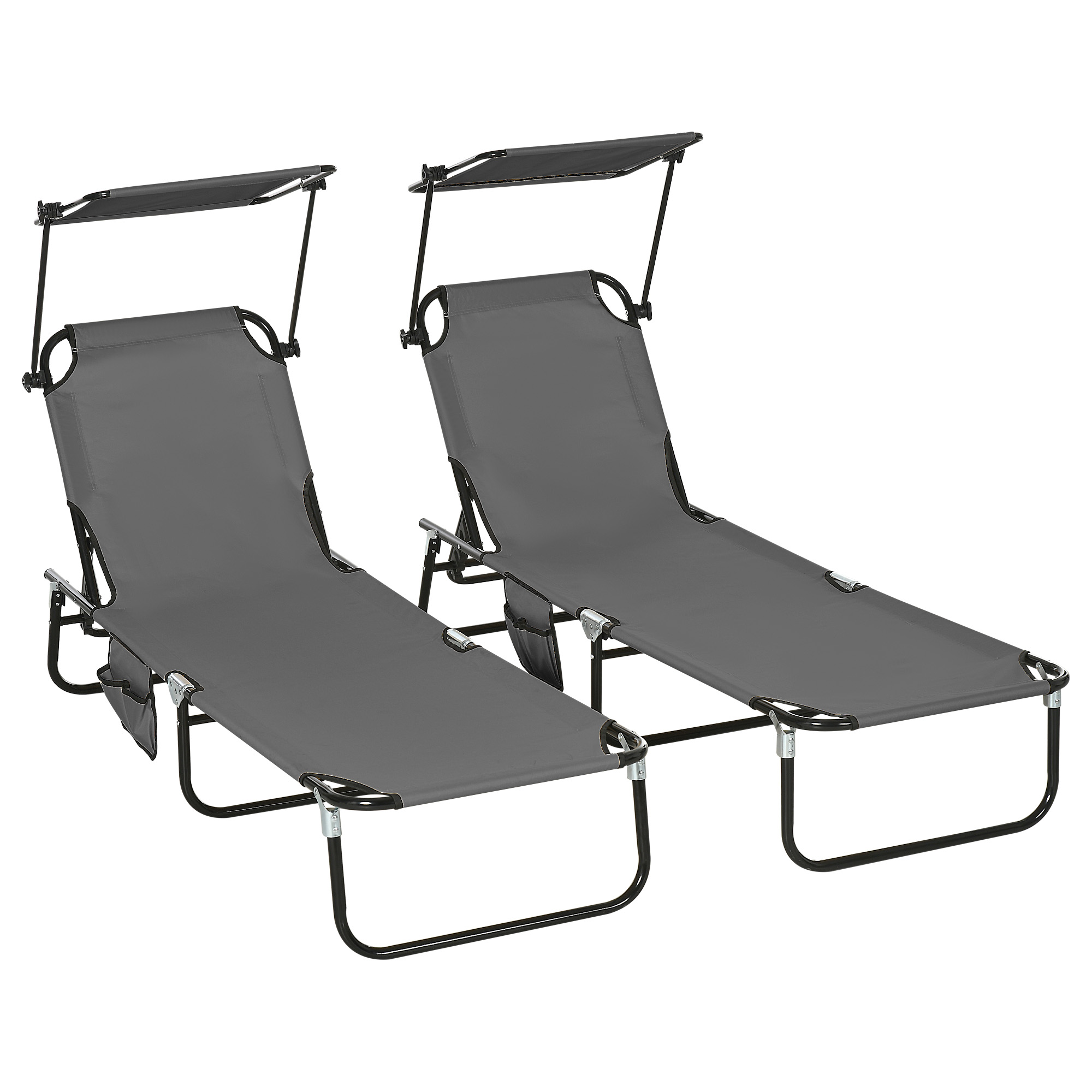 SUNVISTA 2 Piece Folding Sun Loungers with Canopy, Adjustable Recliner Garden Chairs with Side Pocket, Dark Grey - Life Essentials
