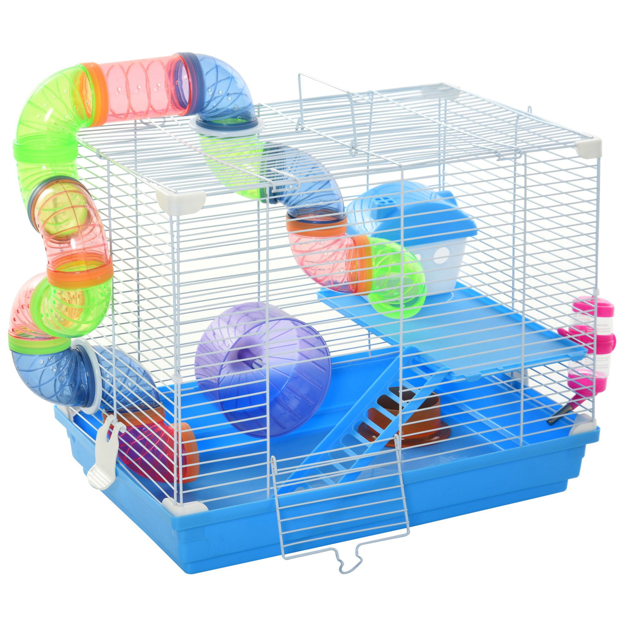 2 Tier Hamster Cage Carrier Habitat Small Animal House with Exercise Wheels Tunnel Tube Water Bottle Dishes House Ladder for Dwarf Mice, Blue - Life 