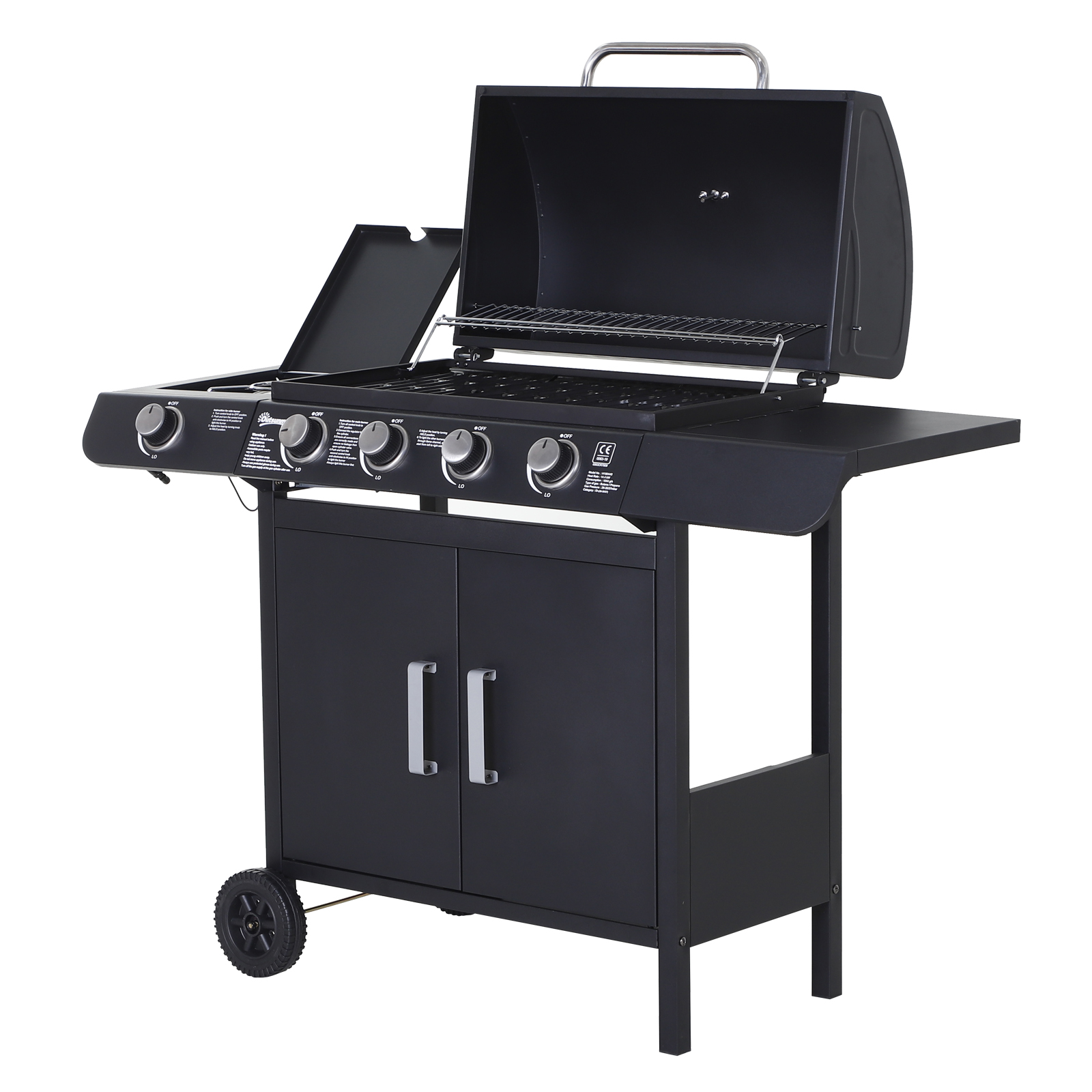 4+1 Gas Burner Grill BBQ Trolley Backyard Garden Smoker Side Burner Barbecue w/ Storage Side Table Wheels - Life Essentials